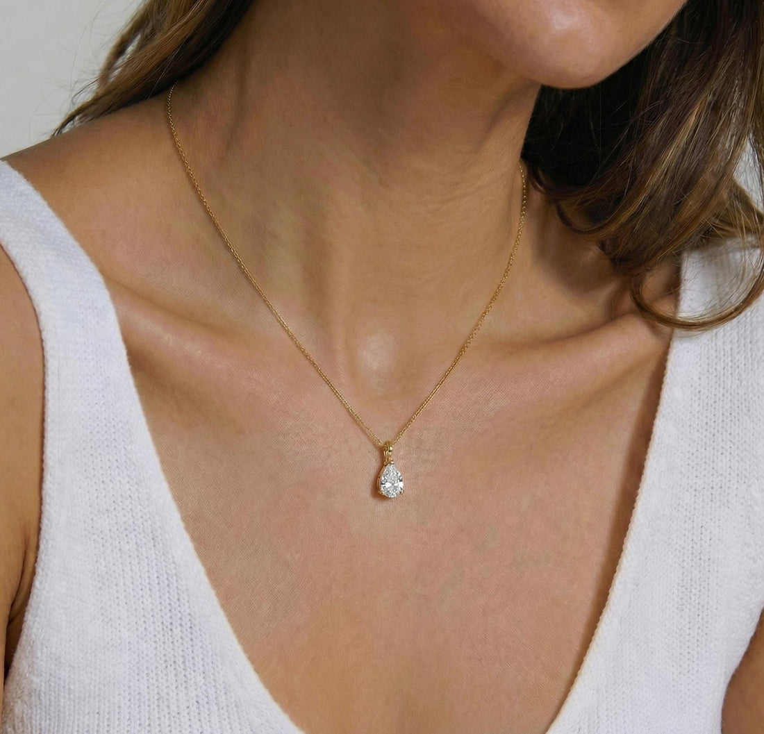 Lab Diamond Pear Cut Solitaire Necklace | 14K Gold Eco-Friendly Diamond Pendant Gift For Her | Delicate Wedding Anniversary Gift for Her
