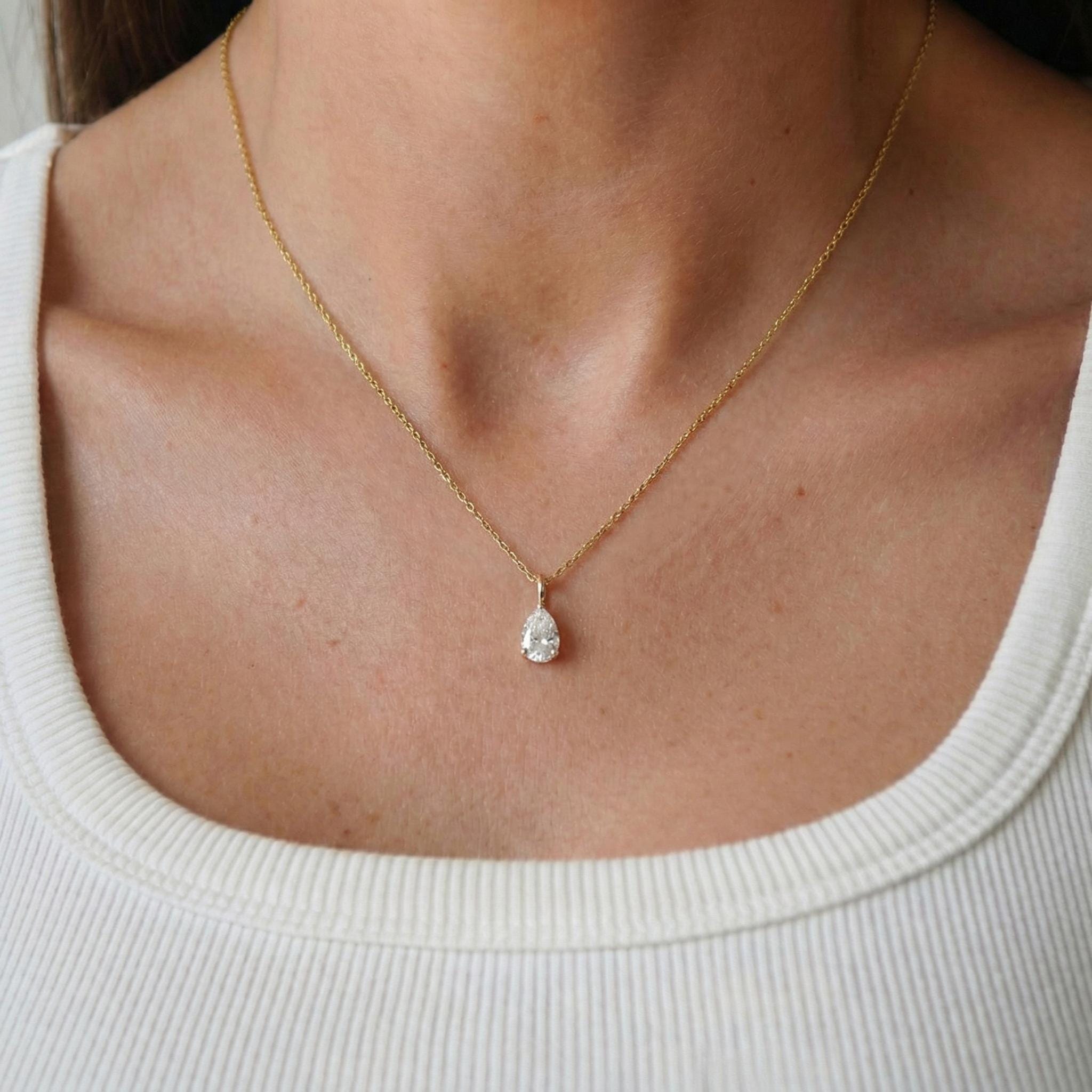 Lab Diamond Pear Cut Solitaire Necklace | 14K Gold Eco-Friendly Diamond Pendant Gift For Her | Delicate Wedding Anniversary Gift for Her