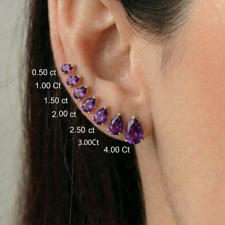 Amethyst Pear Cut Stud Earrings in Gold | Dainty Purple Gemstone Everyday Fine Jewelry | February Birthstone Gift