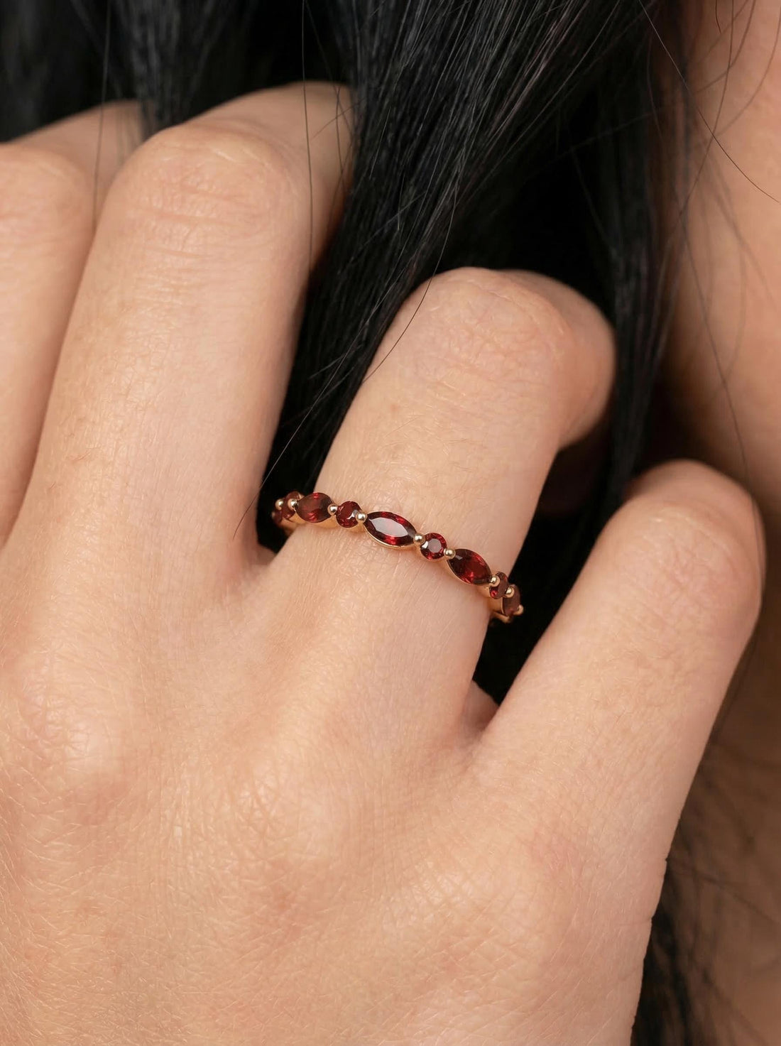 Delicate Garnet Eternity Ring | Marquise & Round Gemstone Stacking Band | January Birthstone Promise Ring | Dainty Anniversary Gift for Her