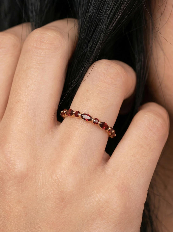 Delicate Garnet Eternity Ring | Marquise & Round Gemstone Stacking Band | January Birthstone Promise Ring | Dainty Anniversary Gift for Her