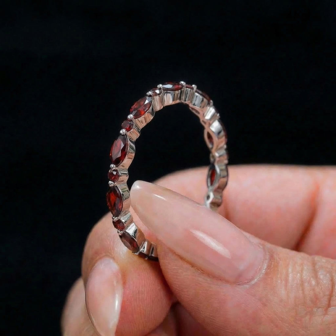Delicate Garnet Eternity Ring | Marquise & Round Gemstone Stacking Band | January Birthstone Promise Ring | Dainty Anniversary Gift for Her