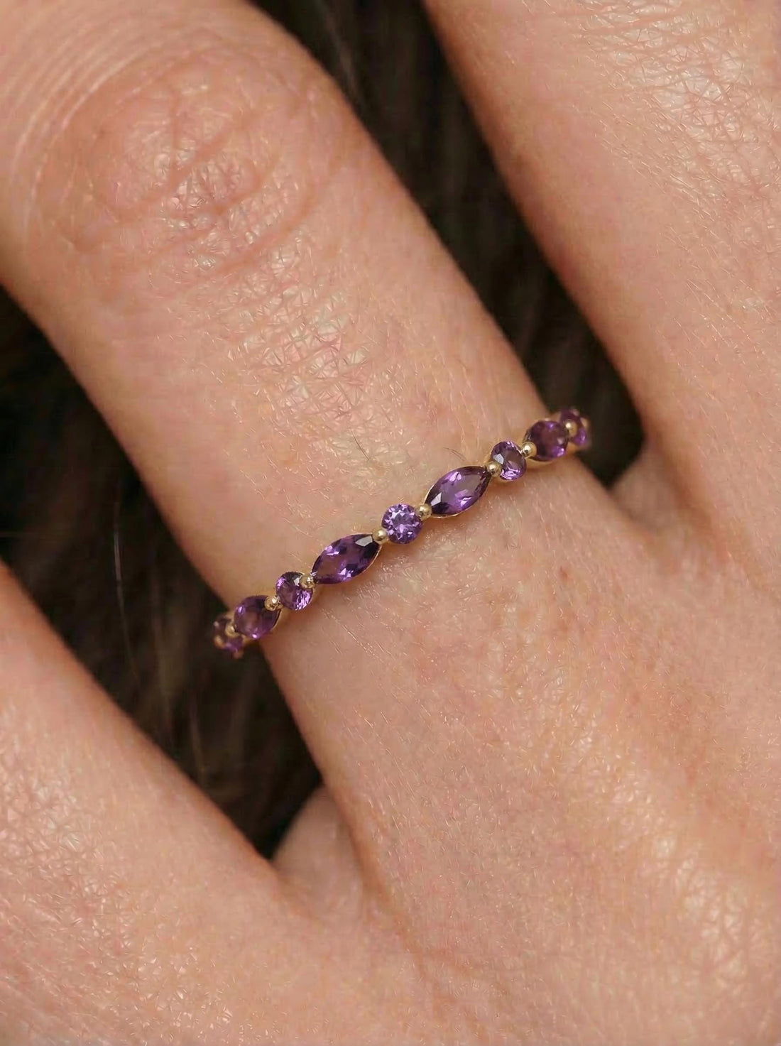 Dainty Marquise Amethyst Eternity Ring | Art Deco Gold Stackable Band | February Birthstone Ring | Purple Gemstone Anniversary Gift