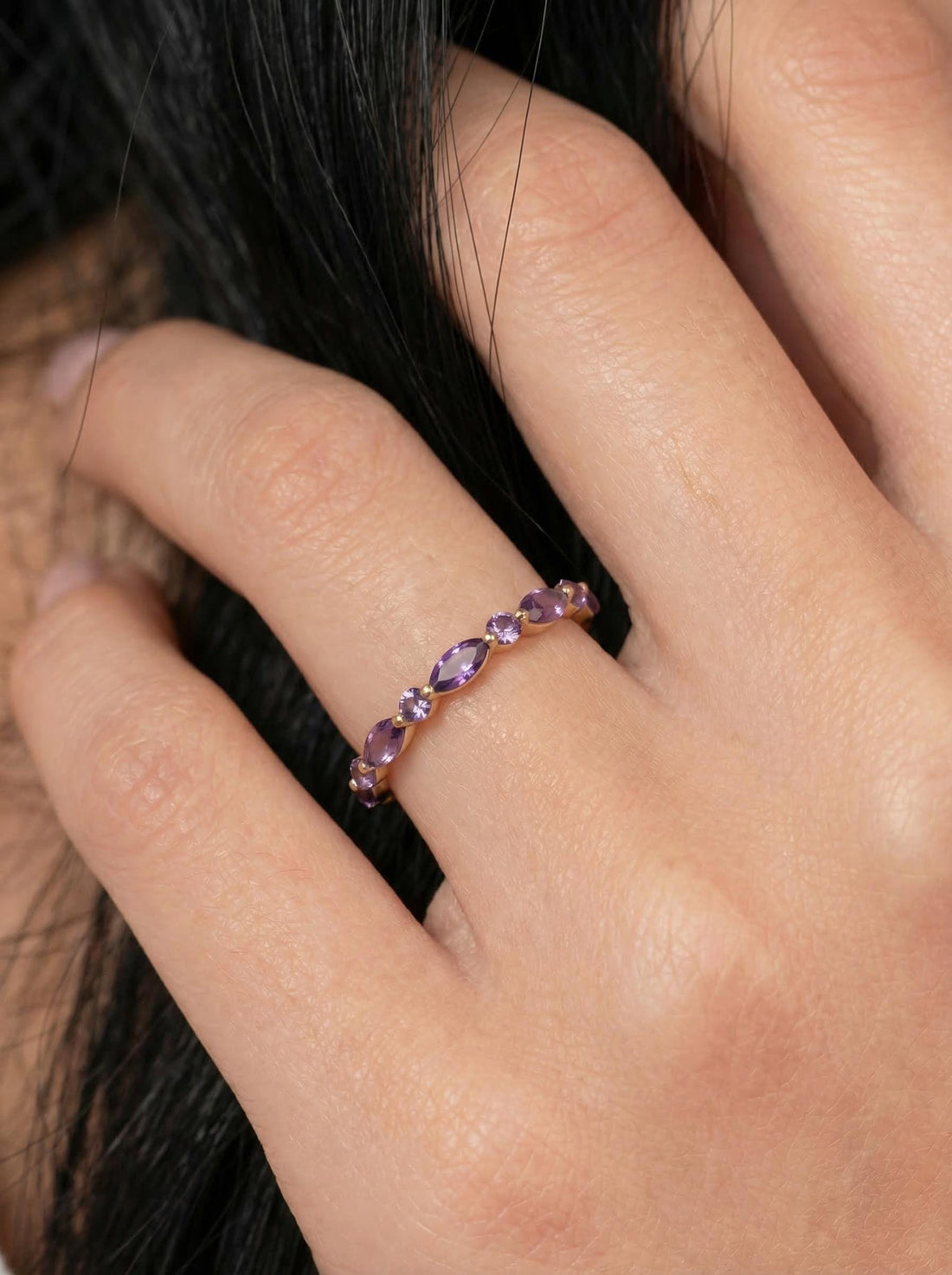 Dainty Marquise Amethyst Eternity Ring | Art Deco Gold Stackable Band | February Birthstone Ring | Purple Gemstone Anniversary Gift