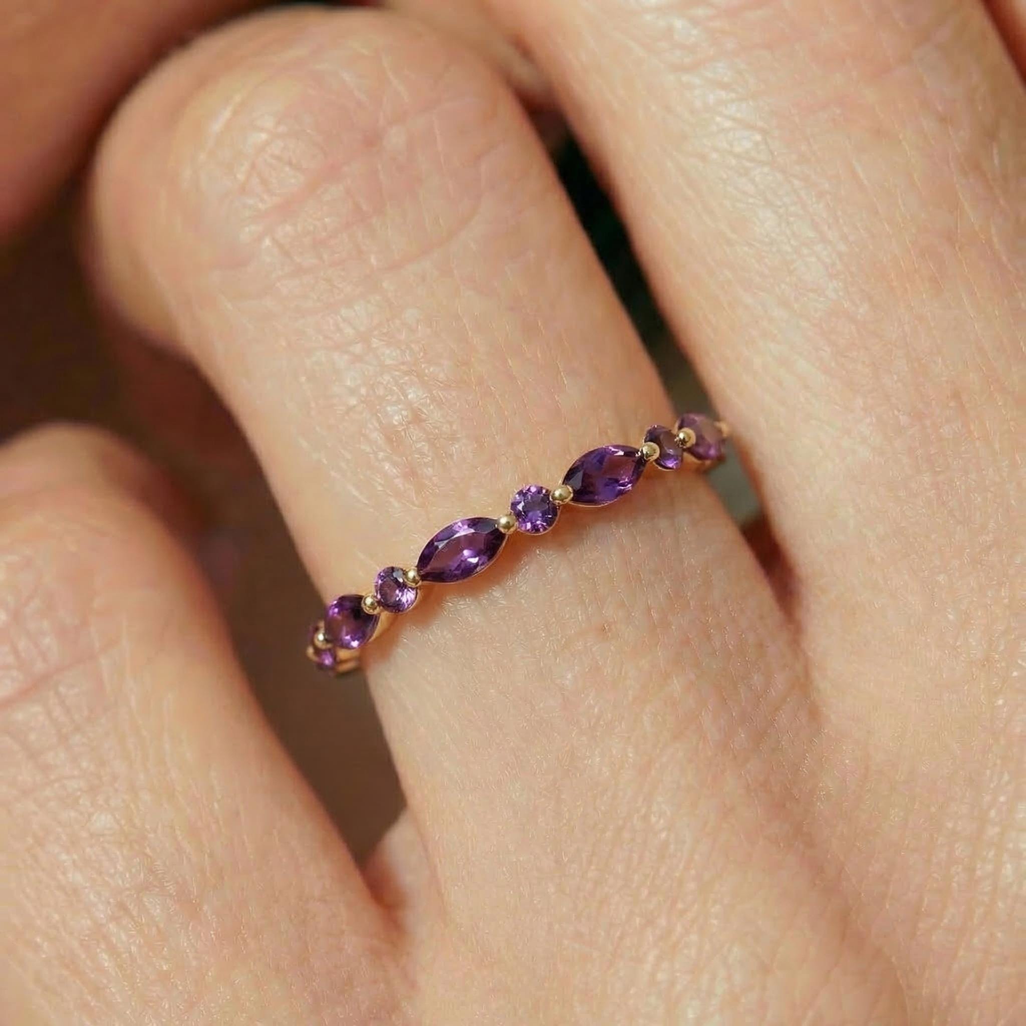 Dainty Marquise Amethyst Eternity Ring | Art Deco Gold Stackable Band | February Birthstone Ring | Purple Gemstone Anniversary Gift