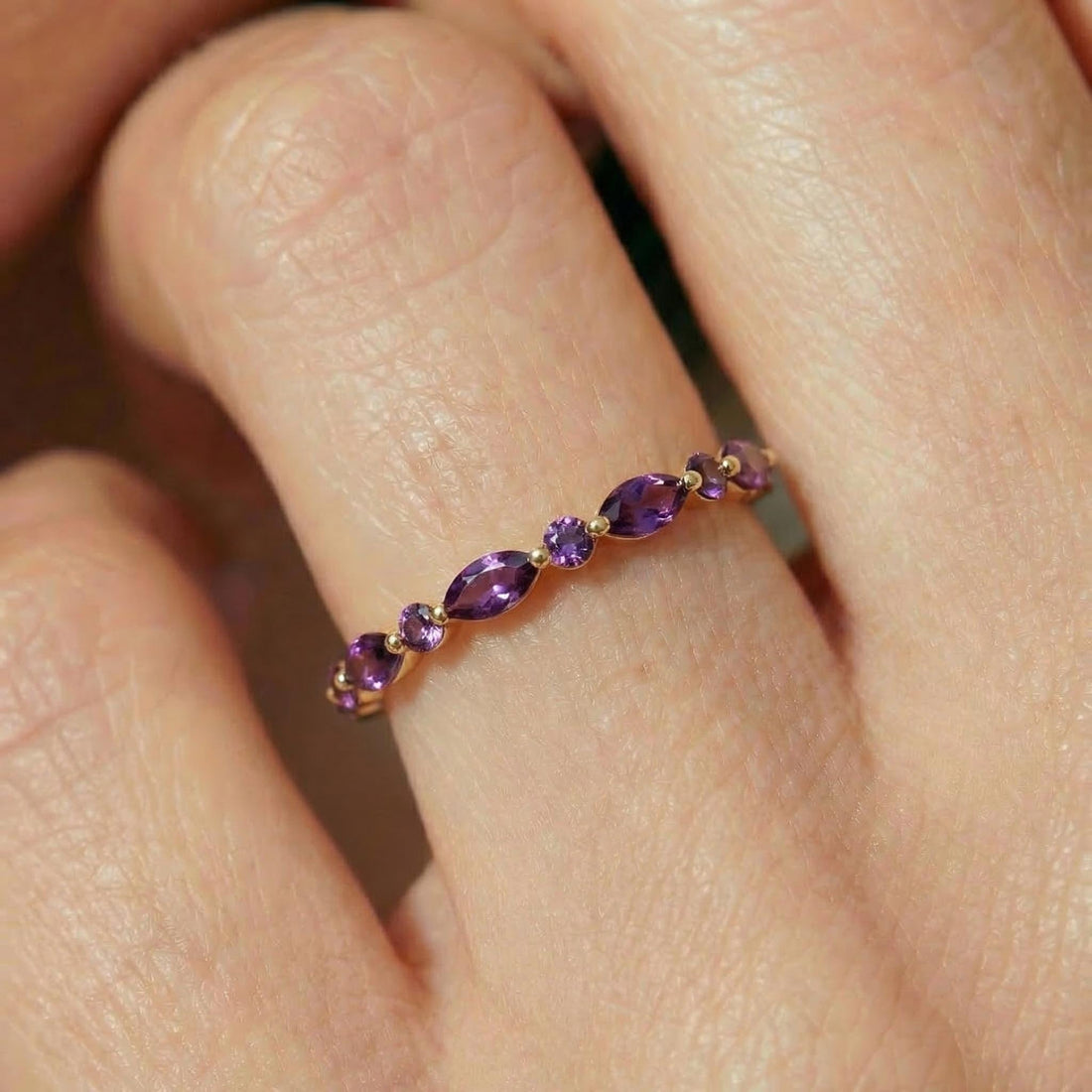 Dainty Marquise Amethyst Eternity Ring | Art Deco Gold Stackable Band | February Birthstone Ring | Purple Gemstone Anniversary Gift