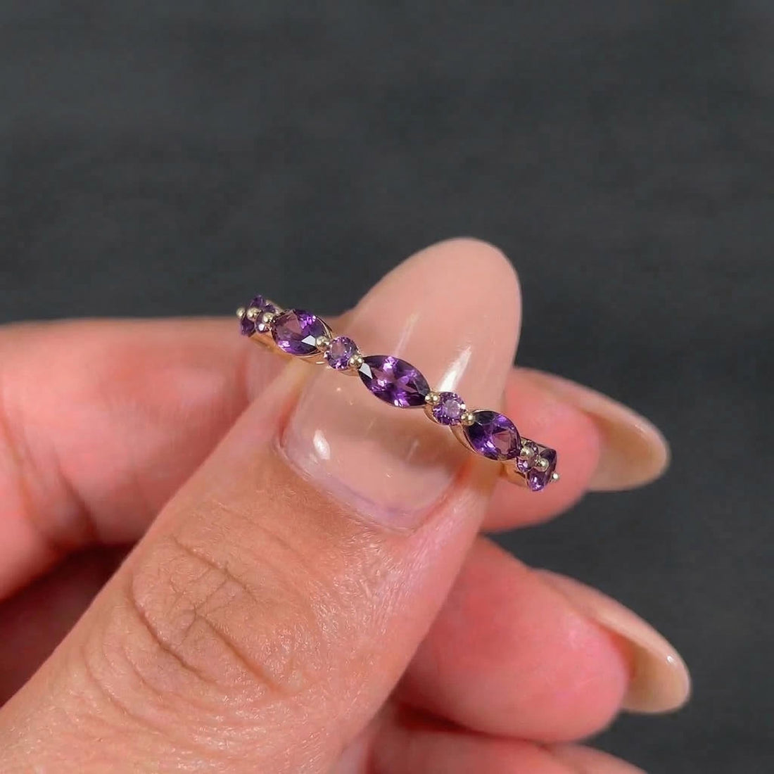 Dainty Marquise Amethyst Eternity Ring | Art Deco Gold Stackable Band | February Birthstone Ring | Purple Gemstone Anniversary Gift