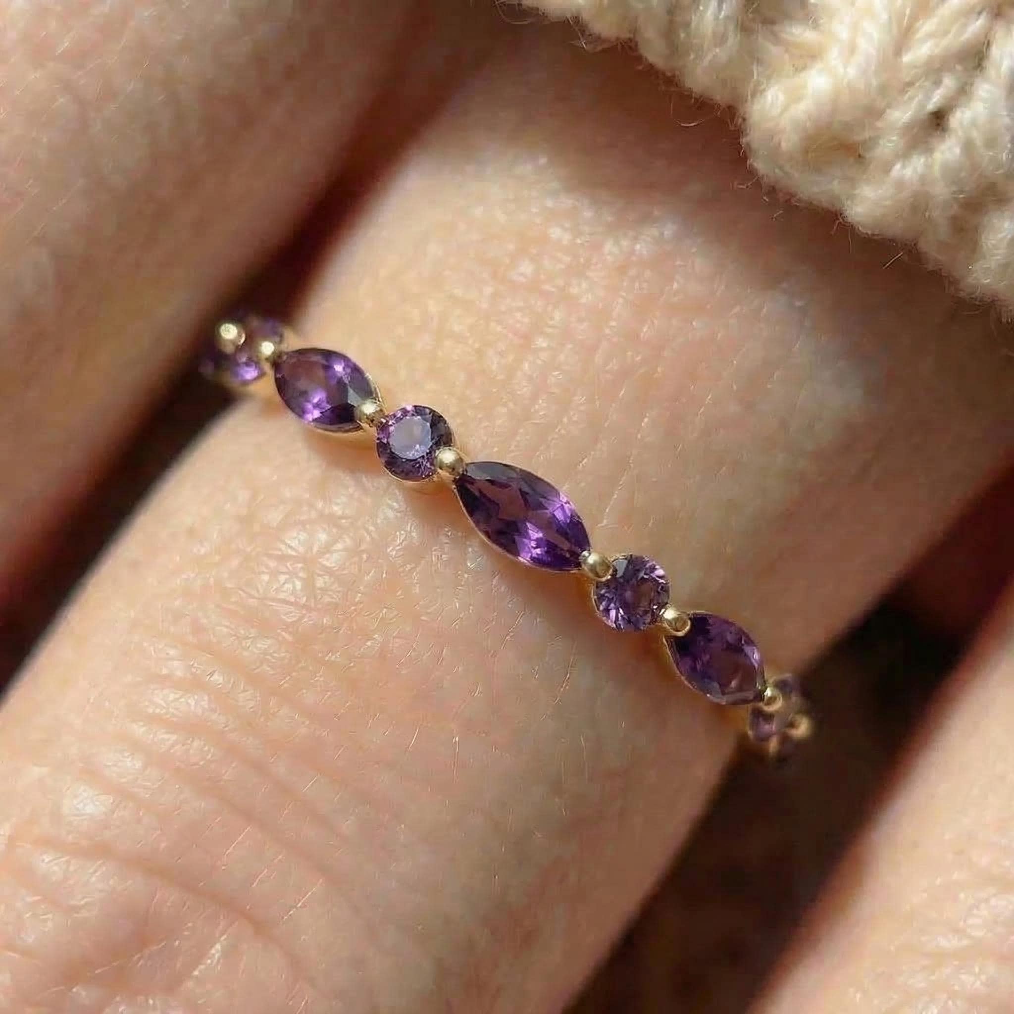 Dainty Marquise Amethyst Eternity Ring | Art Deco Gold Stackable Band | February Birthstone Ring | Purple Gemstone Anniversary Gift