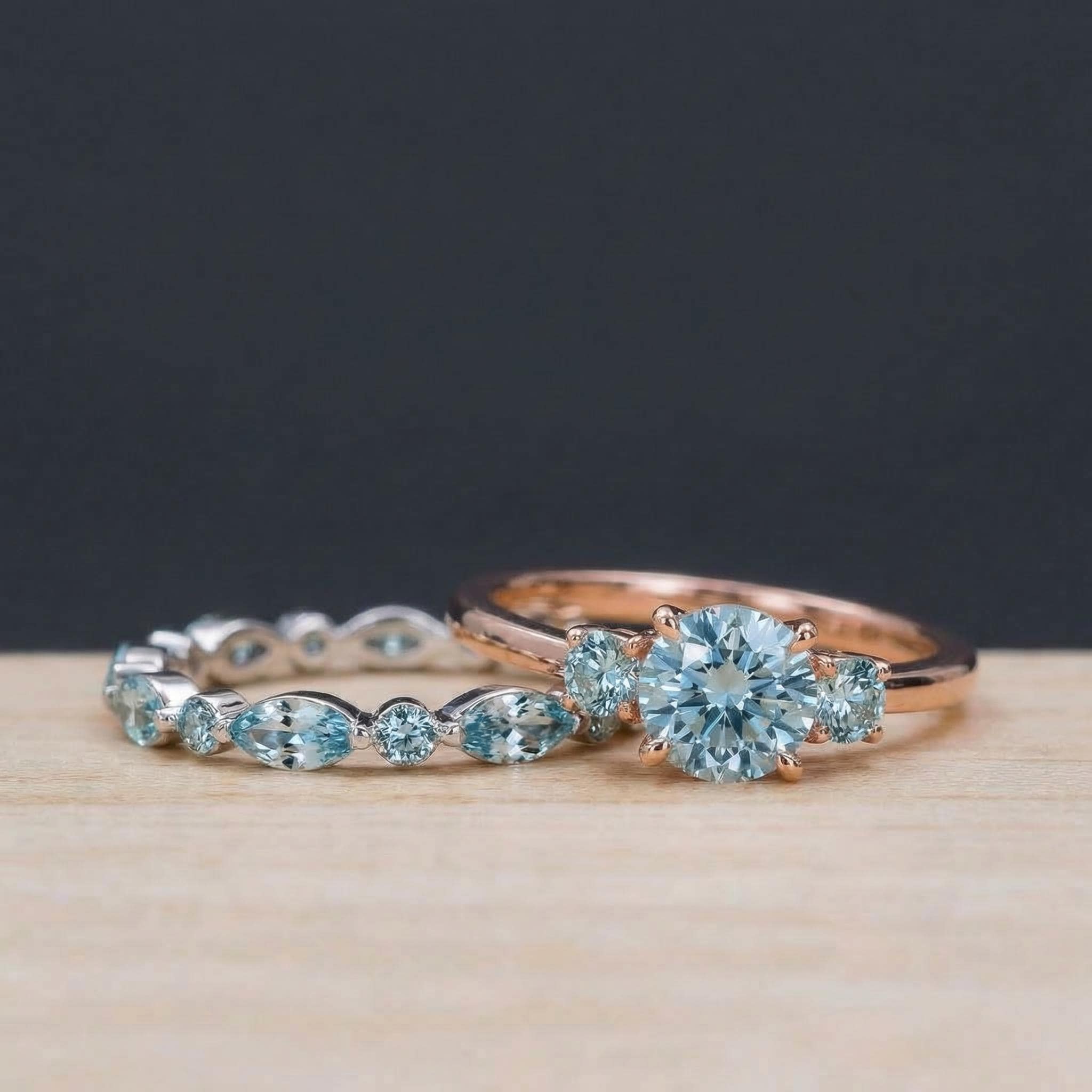 Dainty Aquamarine Eternity Ring | Marquise & Round Aquamarine  Stacking Band | Delicate Gold Wedding Ring | March Birthstone Gift for Her