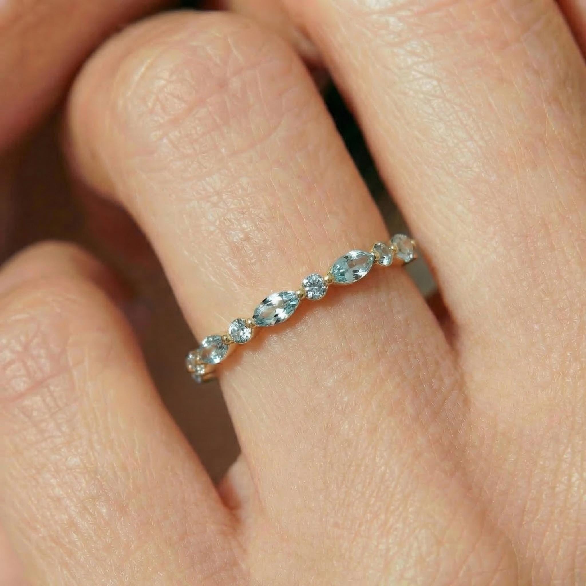 Dainty Aquamarine Eternity Ring | Marquise & Round Aquamarine  Stacking Band | Delicate Gold Wedding Ring | March Birthstone Gift for Her