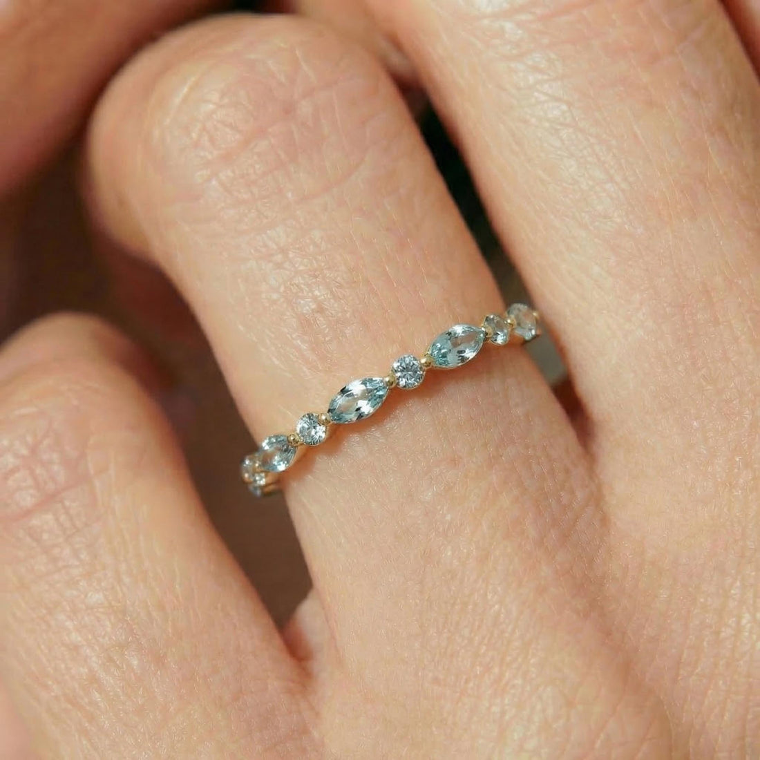 Dainty Aquamarine Eternity Ring | Marquise & Round Aquamarine  Stacking Band | Delicate Gold Wedding Ring | March Birthstone Gift for Her