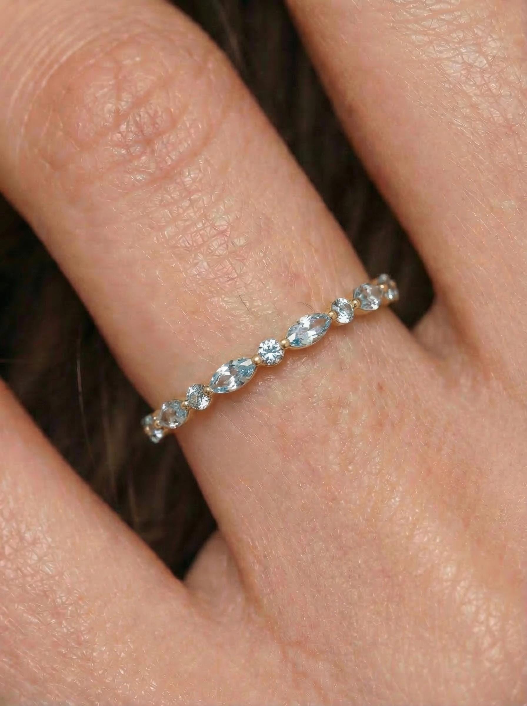 Dainty Aquamarine Eternity Ring | Marquise & Round Aquamarine  Stacking Band | Delicate Gold Wedding Ring | March Birthstone Gift for Her