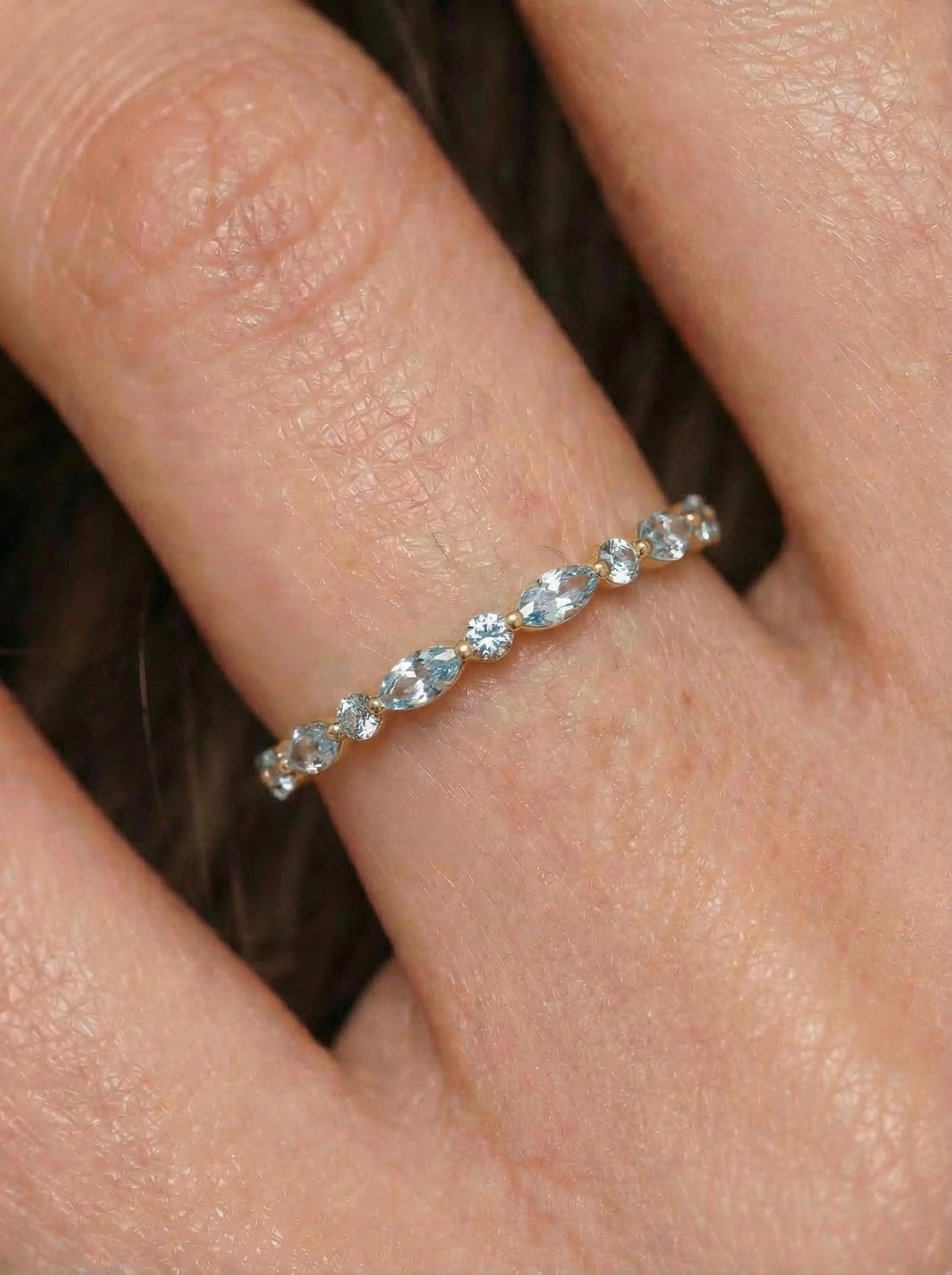Dainty Aquamarine Eternity Ring | Marquise & Round Aquamarine  Stacking Band | Delicate Gold Wedding Ring | March Birthstone Gift for Her