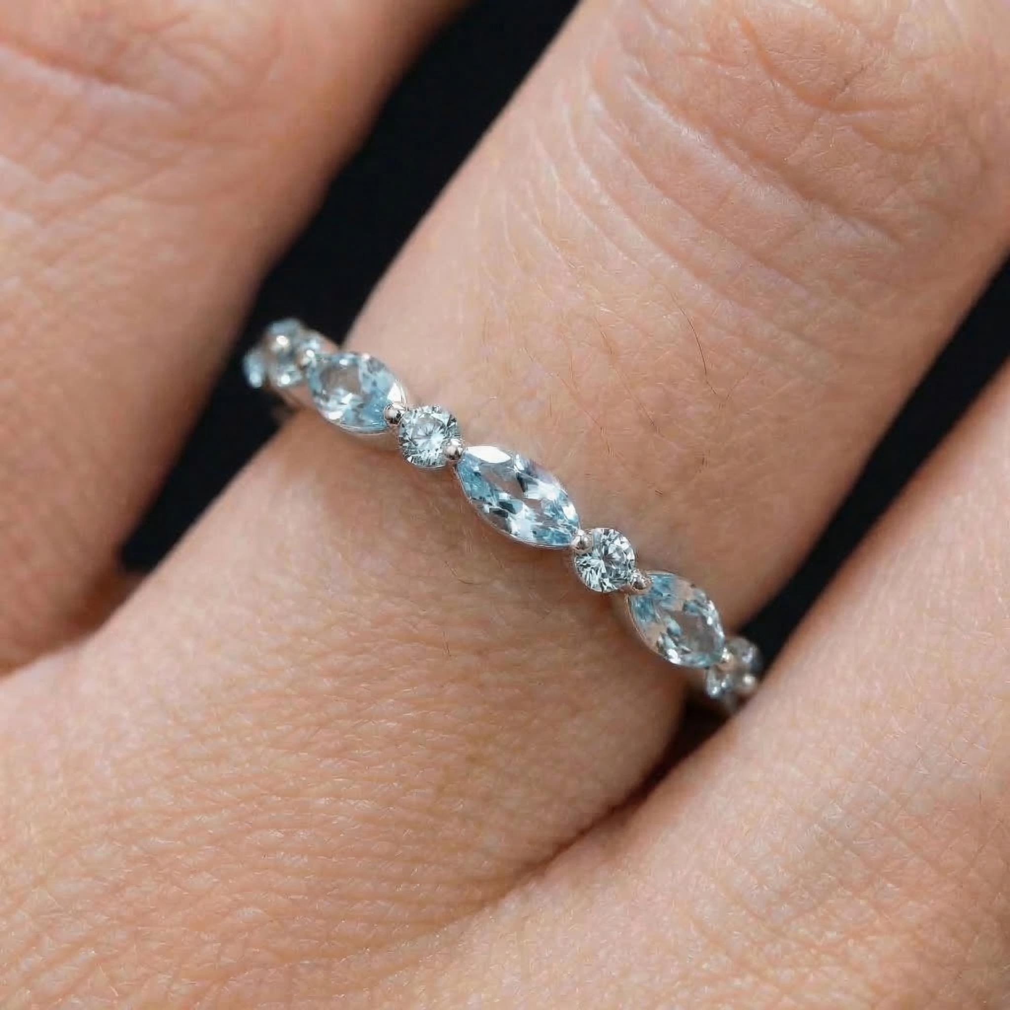 Dainty Aquamarine Eternity Ring | Marquise & Round Aquamarine  Stacking Band | Delicate Gold Wedding Ring | March Birthstone Gift for Her