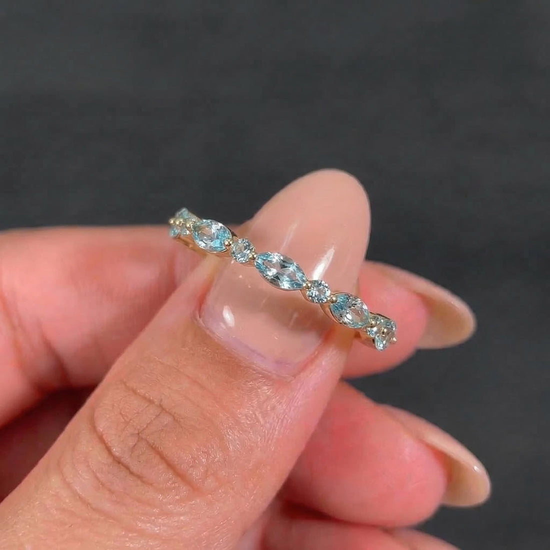 Dainty Aquamarine Eternity Ring | Marquise & Round Aquamarine  Stacking Band | Delicate Gold Wedding Ring | March Birthstone Gift for Her