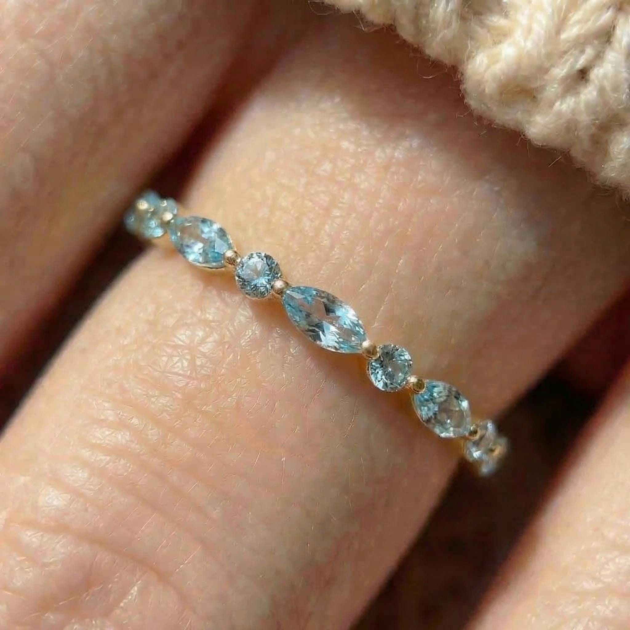 Dainty Aquamarine Eternity Ring | Marquise & Round Aquamarine  Stacking Band | Delicate Gold Wedding Ring | March Birthstone Gift for Her