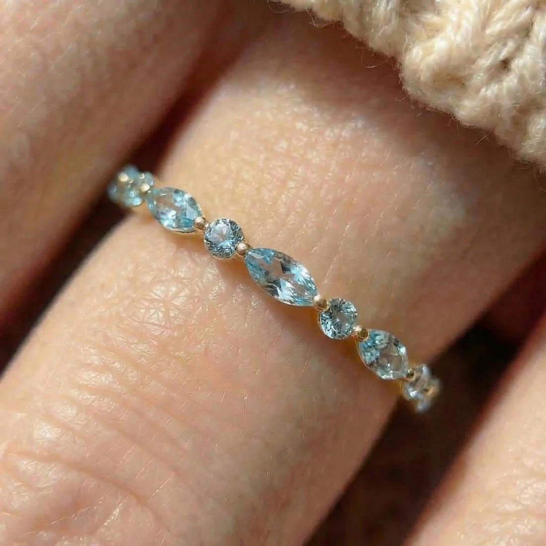Dainty Aquamarine Eternity Ring | Marquise & Round Aquamarine  Stacking Band | Delicate Gold Wedding Ring | March Birthstone Gift for Her