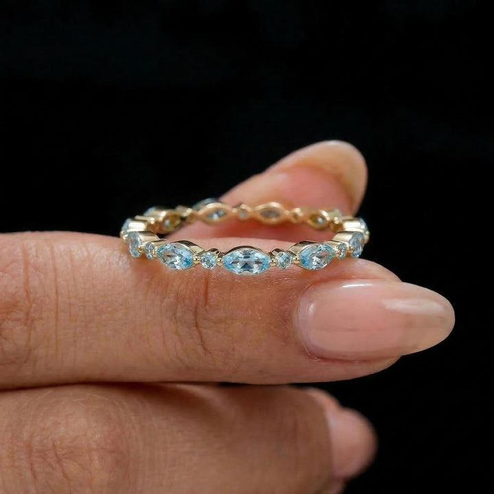 Dainty Aquamarine Eternity Ring | Marquise & Round Aquamarine  Stacking Band | Delicate Gold Wedding Ring | March Birthstone Gift for Her