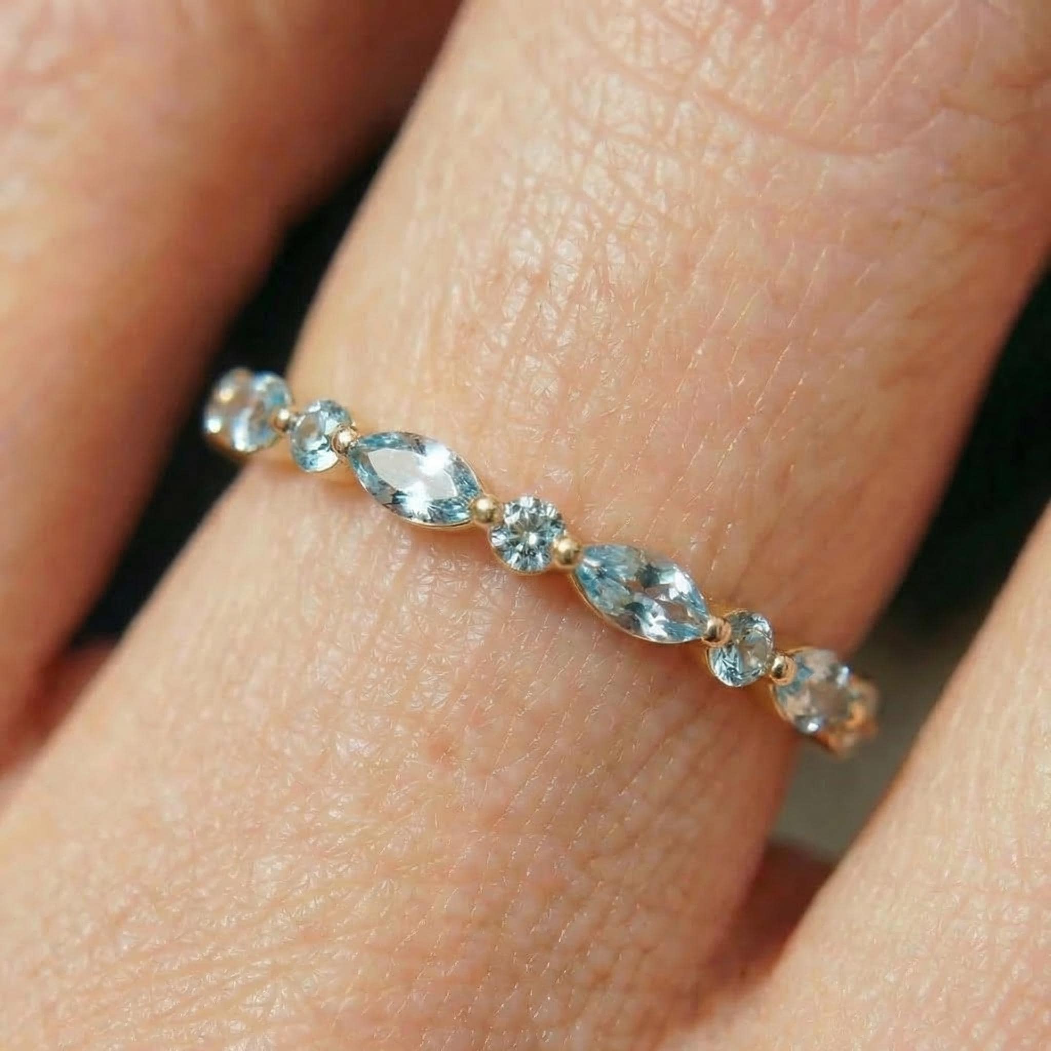 Dainty Aquamarine Eternity Ring | Marquise & Round Aquamarine  Stacking Band | Delicate Gold Wedding Ring | March Birthstone Gift for Her