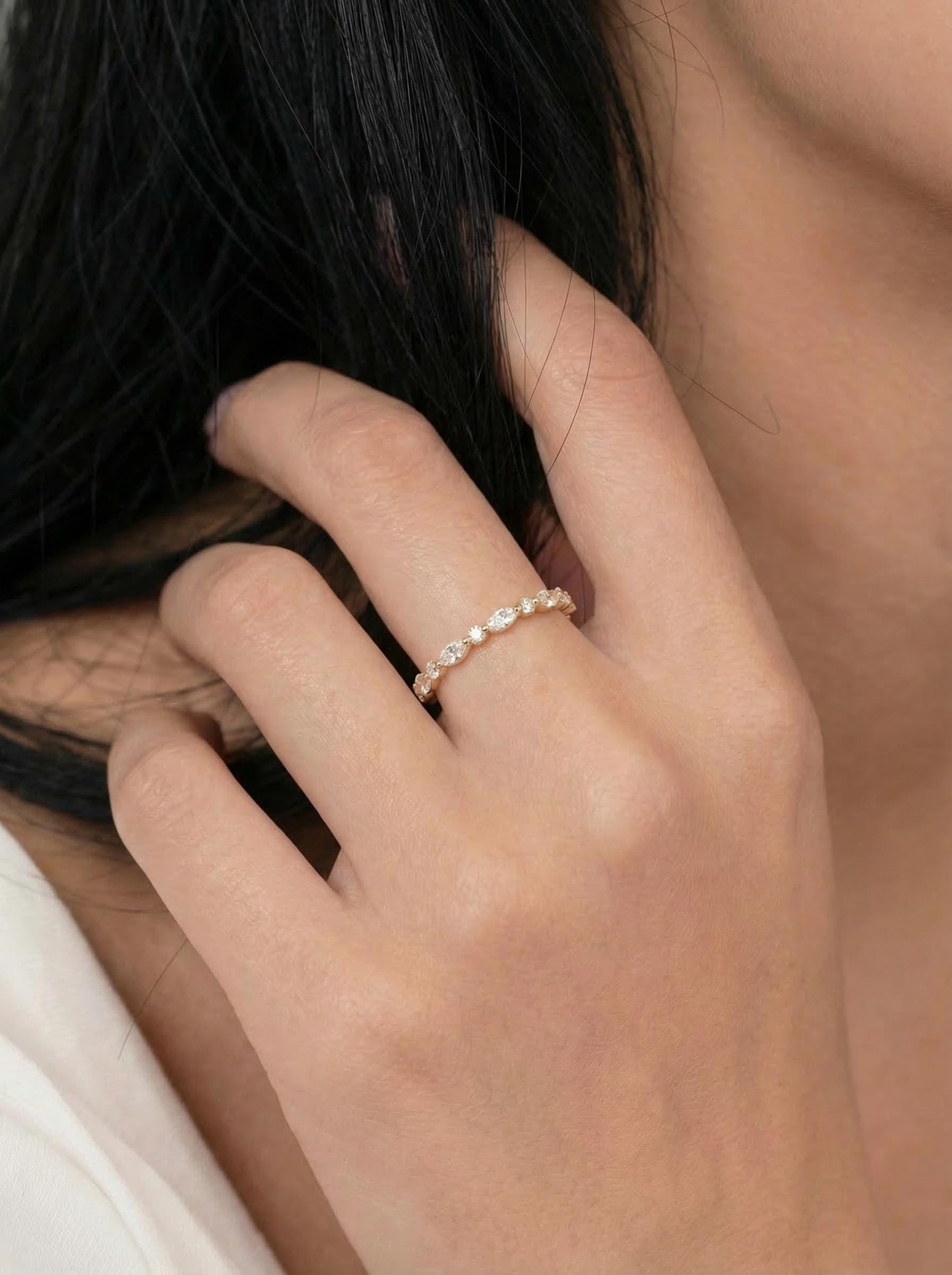 Marquise & Round Diamond Eternity Band | Dainty Gold Stacking Ring | Wedding Anniversary Gift for Her | Minimalist Fine Jewelry