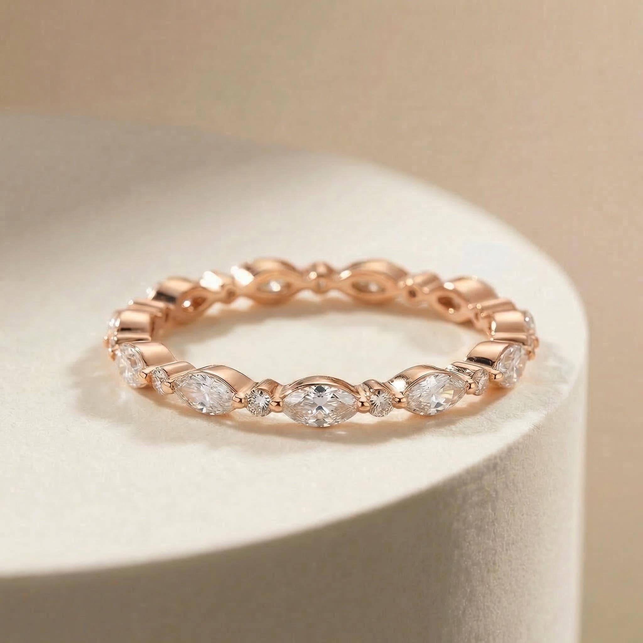 Marquise & Round Diamond Eternity Band | Dainty Gold Stacking Ring | Wedding Anniversary Gift for Her | Minimalist Fine Jewelry