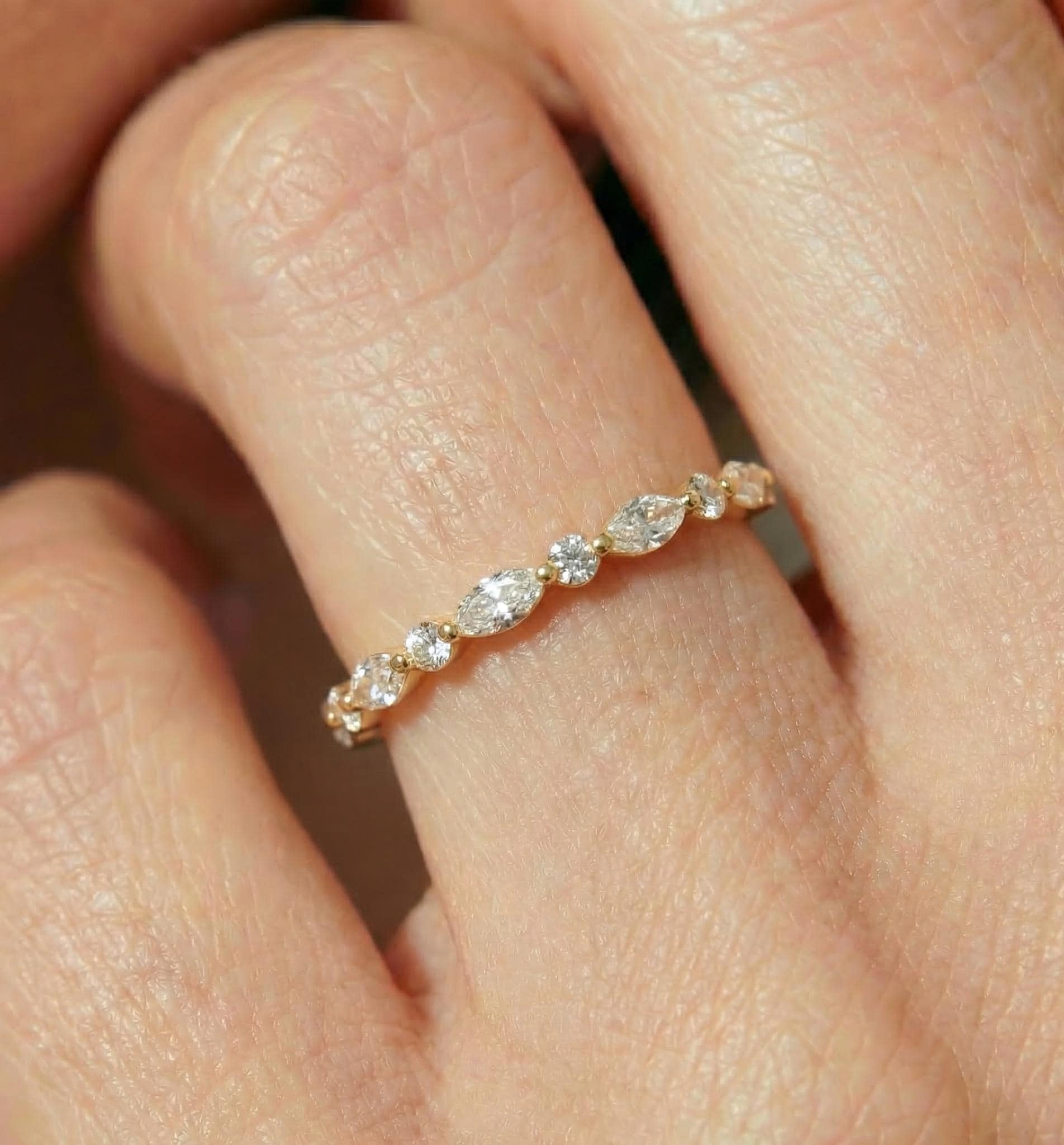 Marquise & Round Diamond Eternity Band | Dainty Gold Stacking Ring | Wedding Anniversary Gift for Her | Minimalist Fine Jewelry