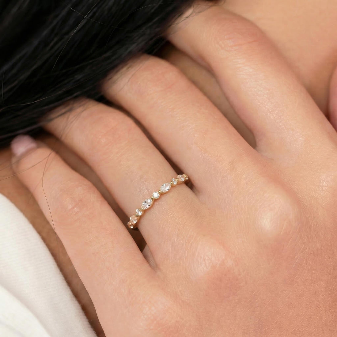 Marquise & Round Diamond Eternity Band | Dainty Gold Stacking Ring | Wedding Anniversary Gift for Her | Minimalist Fine Jewelry