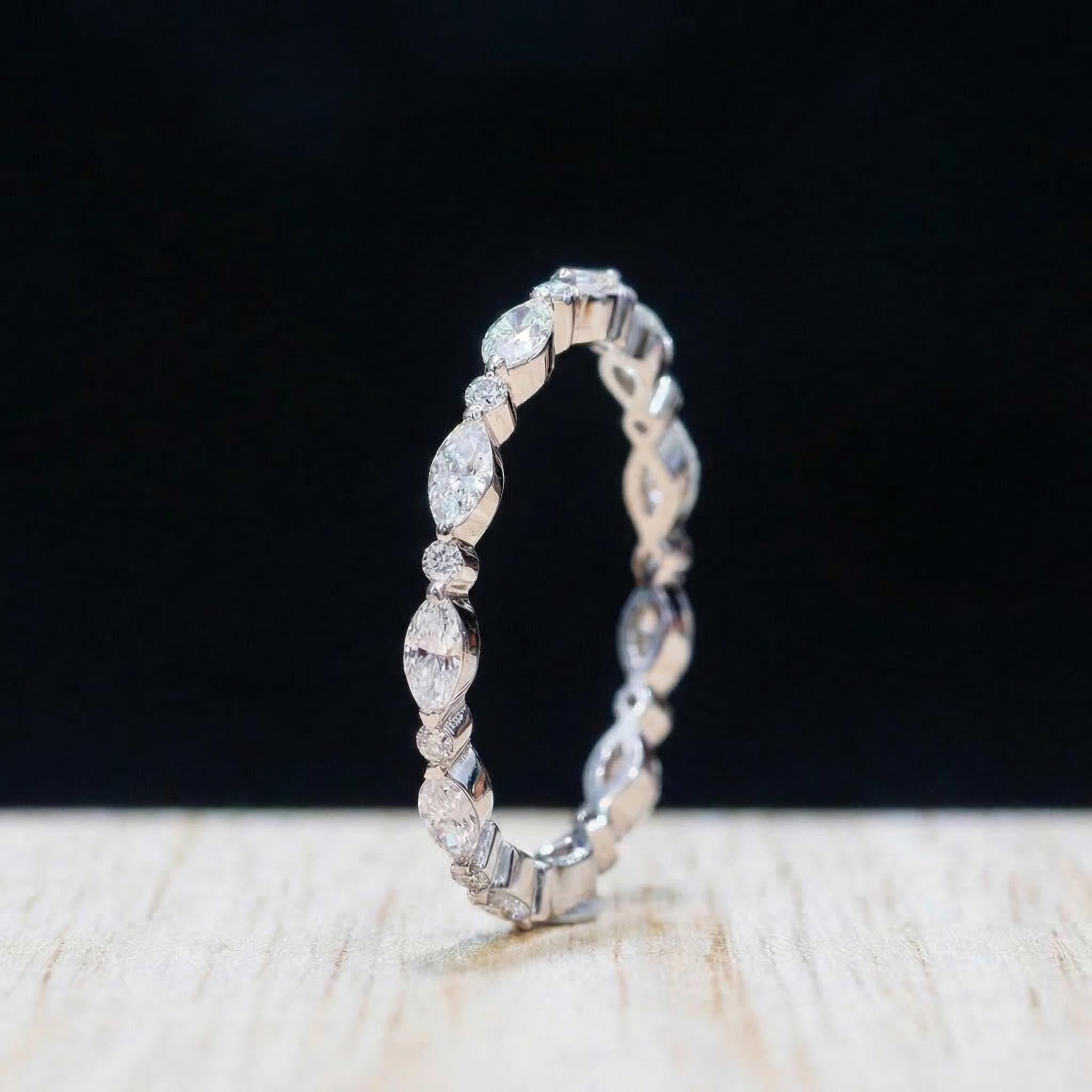 Marquise & Round Diamond Eternity Band | Dainty Gold Stacking Ring | Wedding Anniversary Gift for Her | Minimalist Fine Jewelry