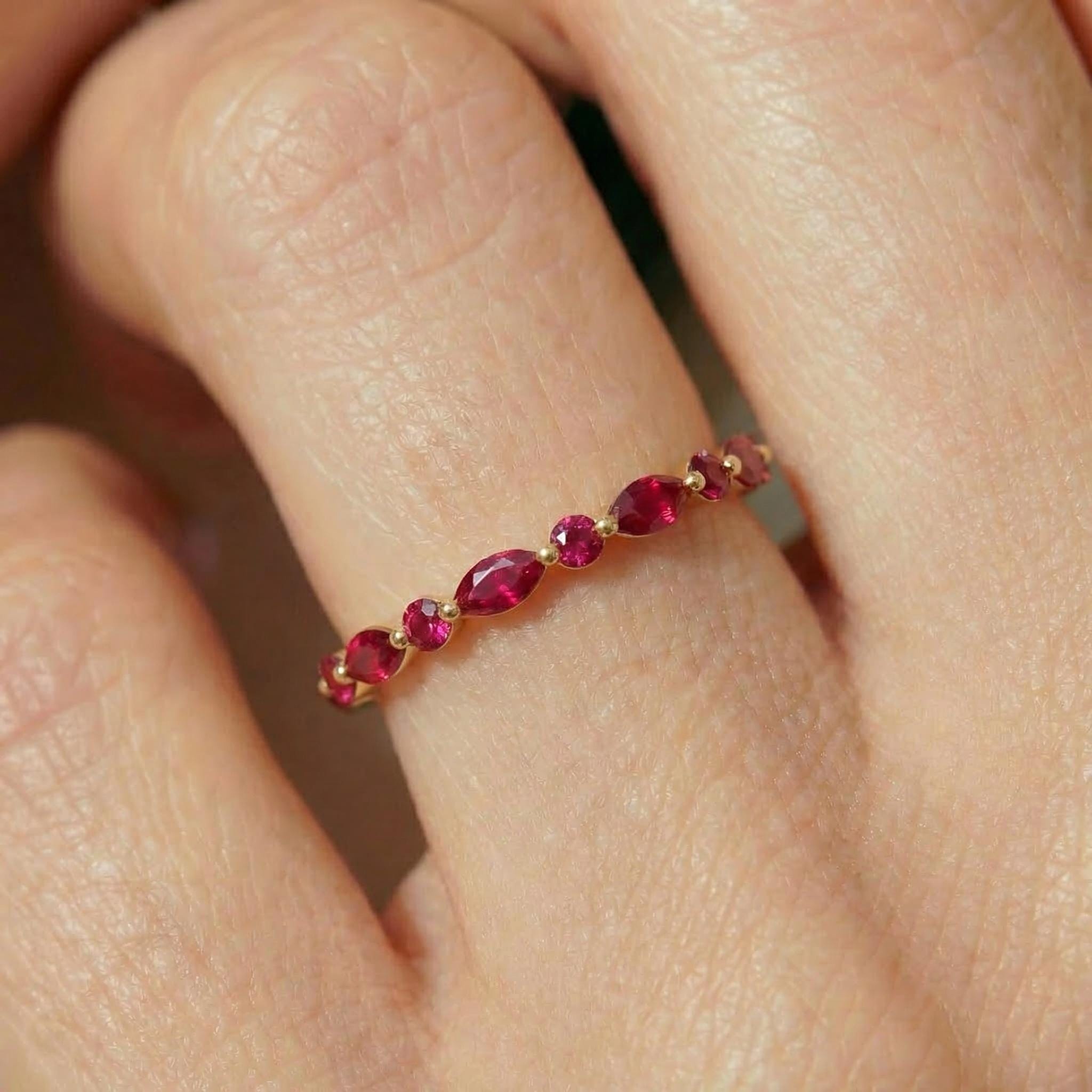 Delicate Ruby Gold Stacking Ring | Marquise & Round Natural Ruby Eternity Band | Dainty Gemstone Anniversary Gift for Her | July Birthstone