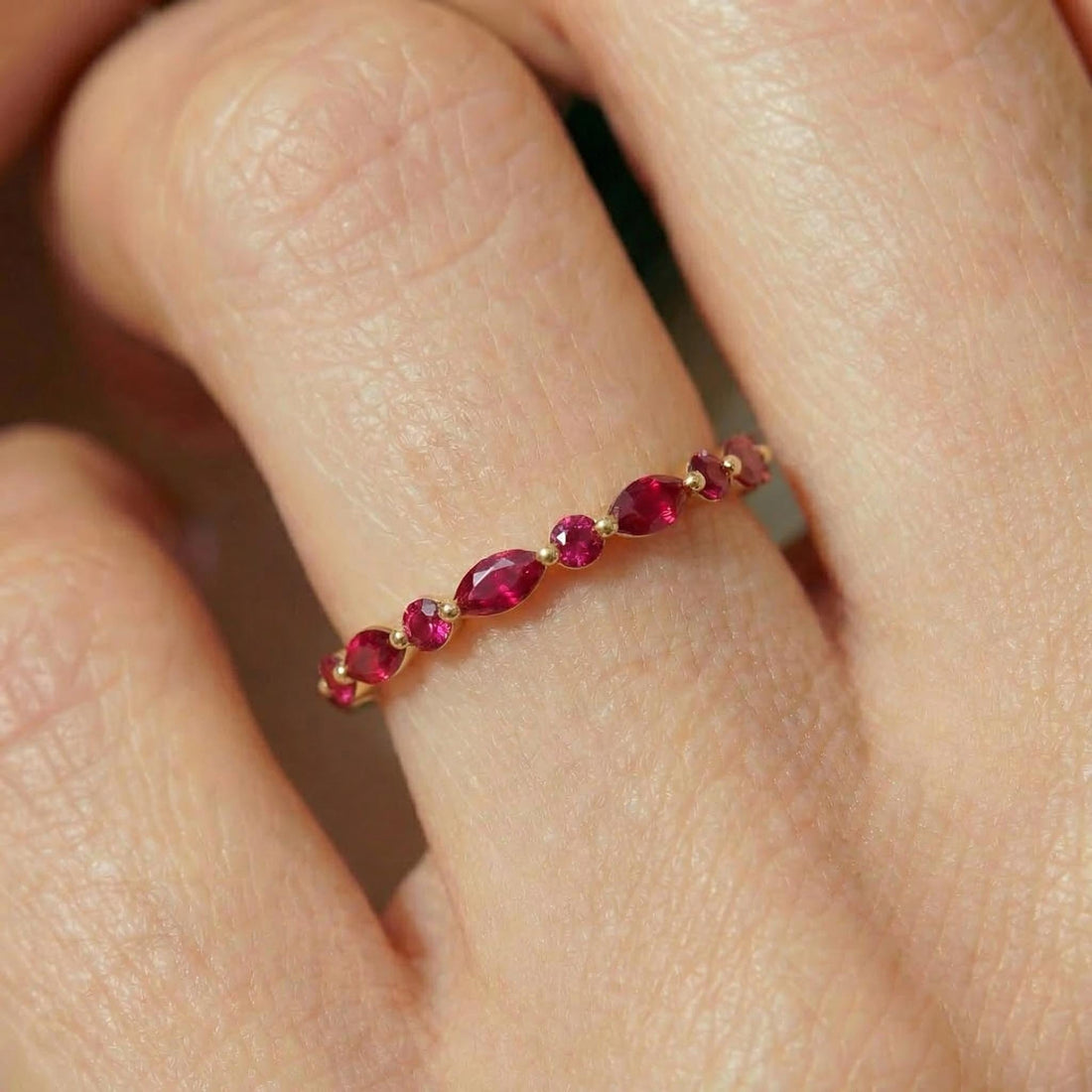 Delicate Ruby Gold Stacking Ring | Marquise & Round Natural Ruby Eternity Band | Dainty Gemstone Anniversary Gift for Her | July Birthstone