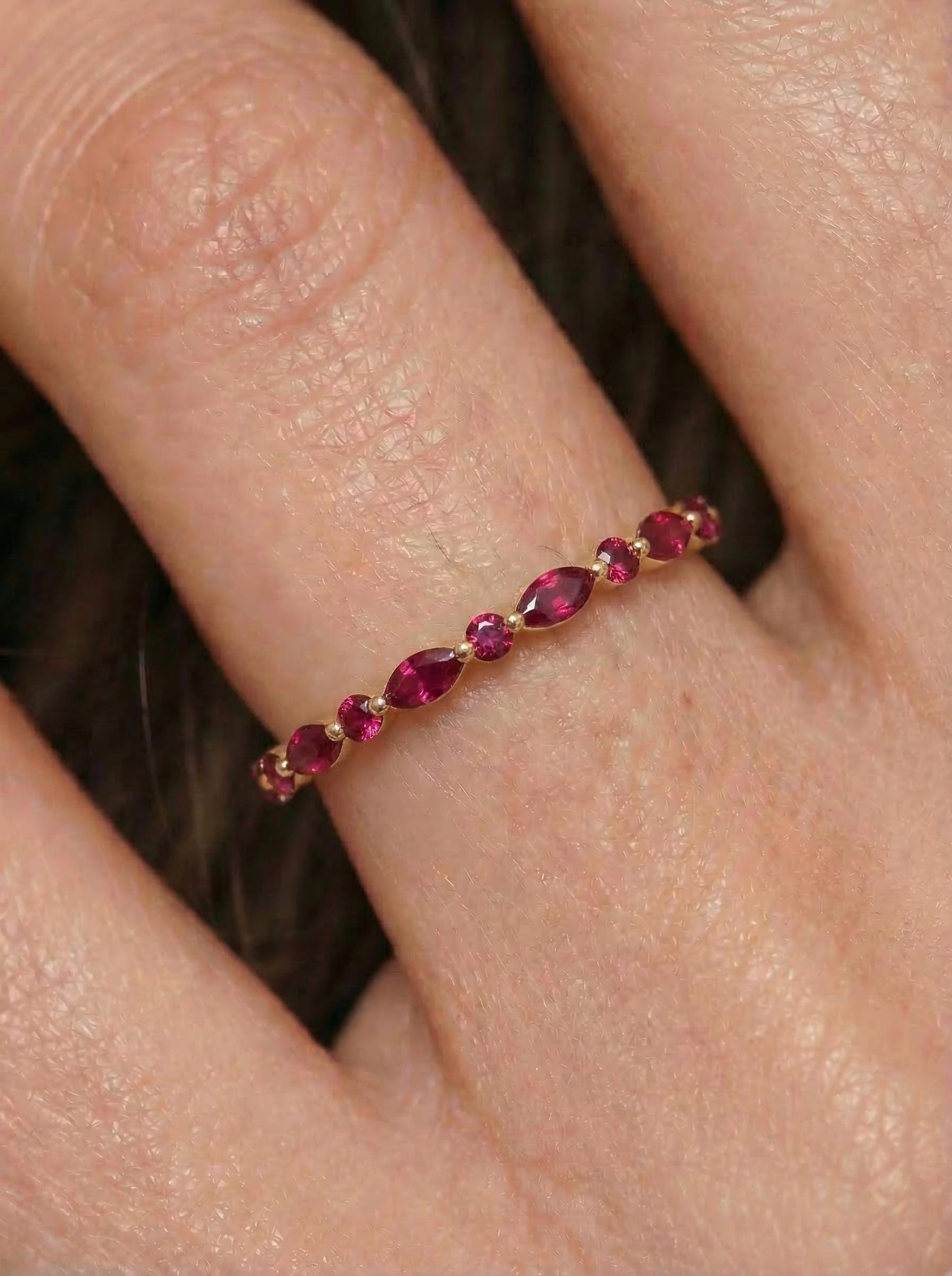 Delicate Ruby Gold Stacking Ring | Marquise & Round Natural Ruby Eternity Band | Dainty Gemstone Anniversary Gift for Her | July Birthstone