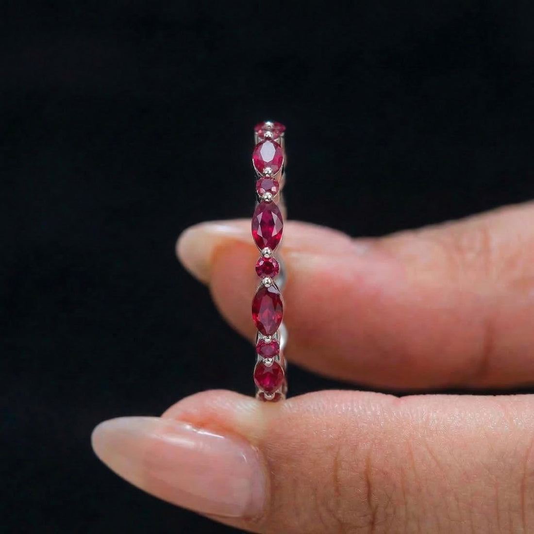 Delicate Ruby Gold Stacking Ring | Marquise & Round Natural Ruby Eternity Band | Dainty Gemstone Anniversary Gift for Her | July Birthstone