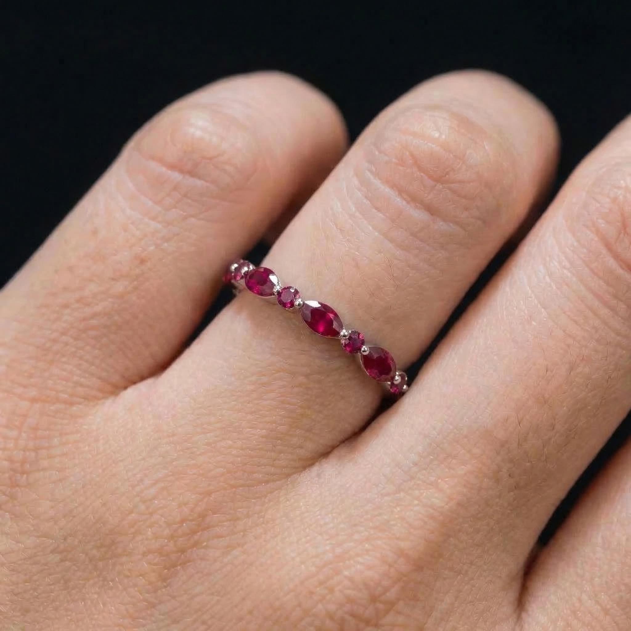 Delicate Ruby Gold Stacking Ring | Marquise & Round Natural Ruby Eternity Band | Dainty Gemstone Anniversary Gift for Her | July Birthstone