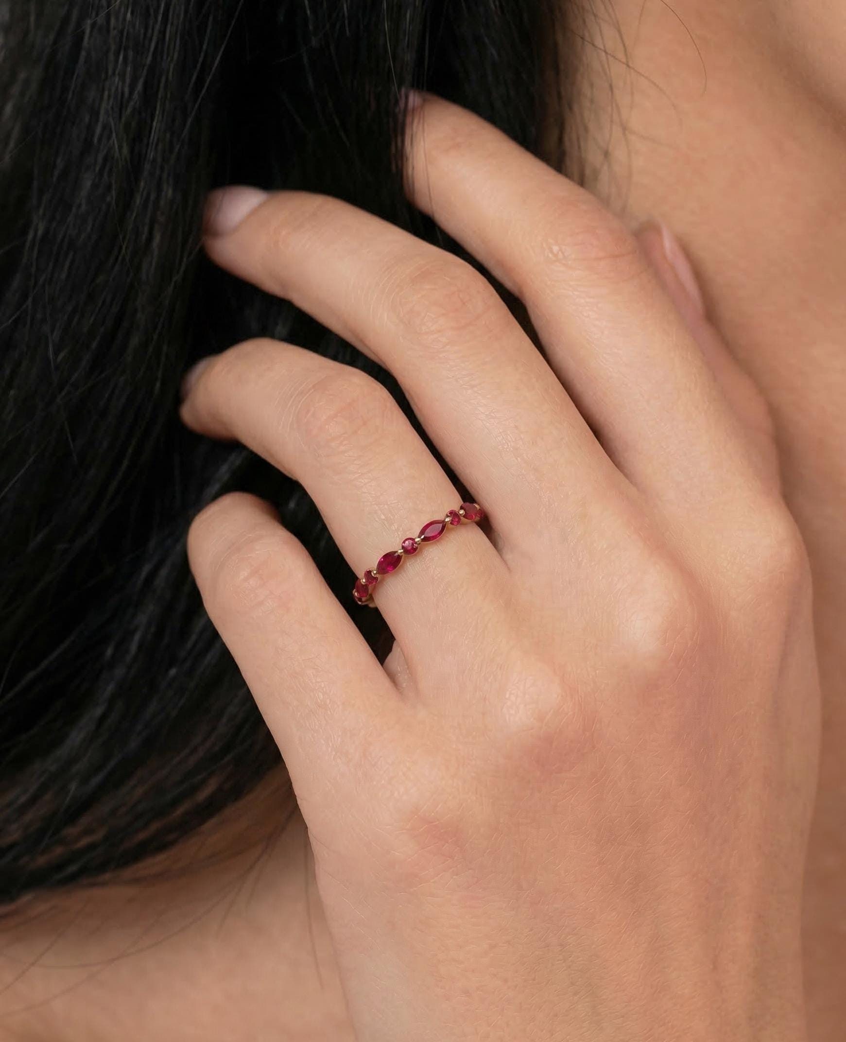 Delicate Ruby Gold Stacking Ring | Marquise & Round Natural Ruby Eternity Band | Dainty Gemstone Anniversary Gift for Her | July Birthstone