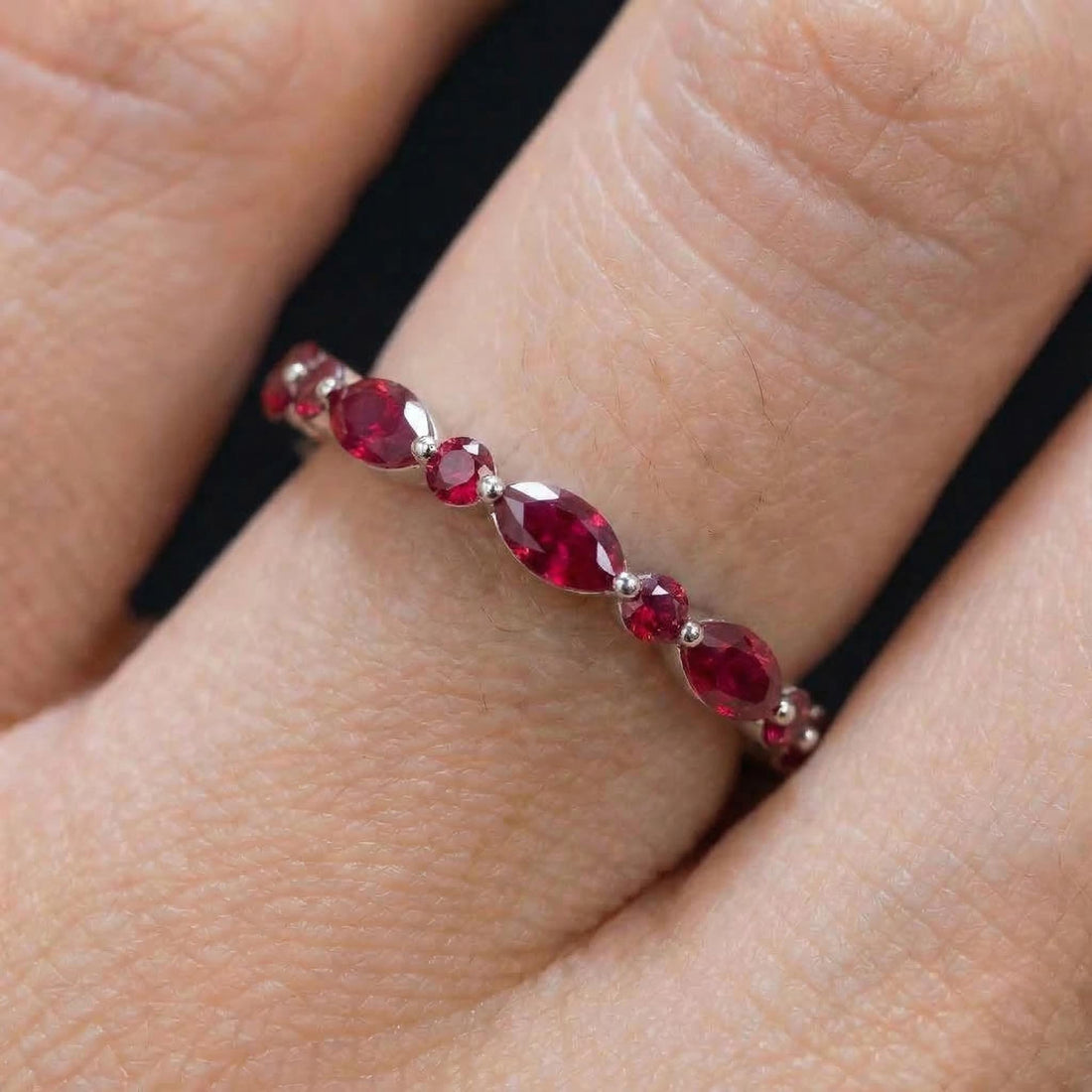 Delicate Ruby Gold Stacking Ring | Marquise & Round Natural Ruby Eternity Band | Dainty Gemstone Anniversary Gift for Her | July Birthstone