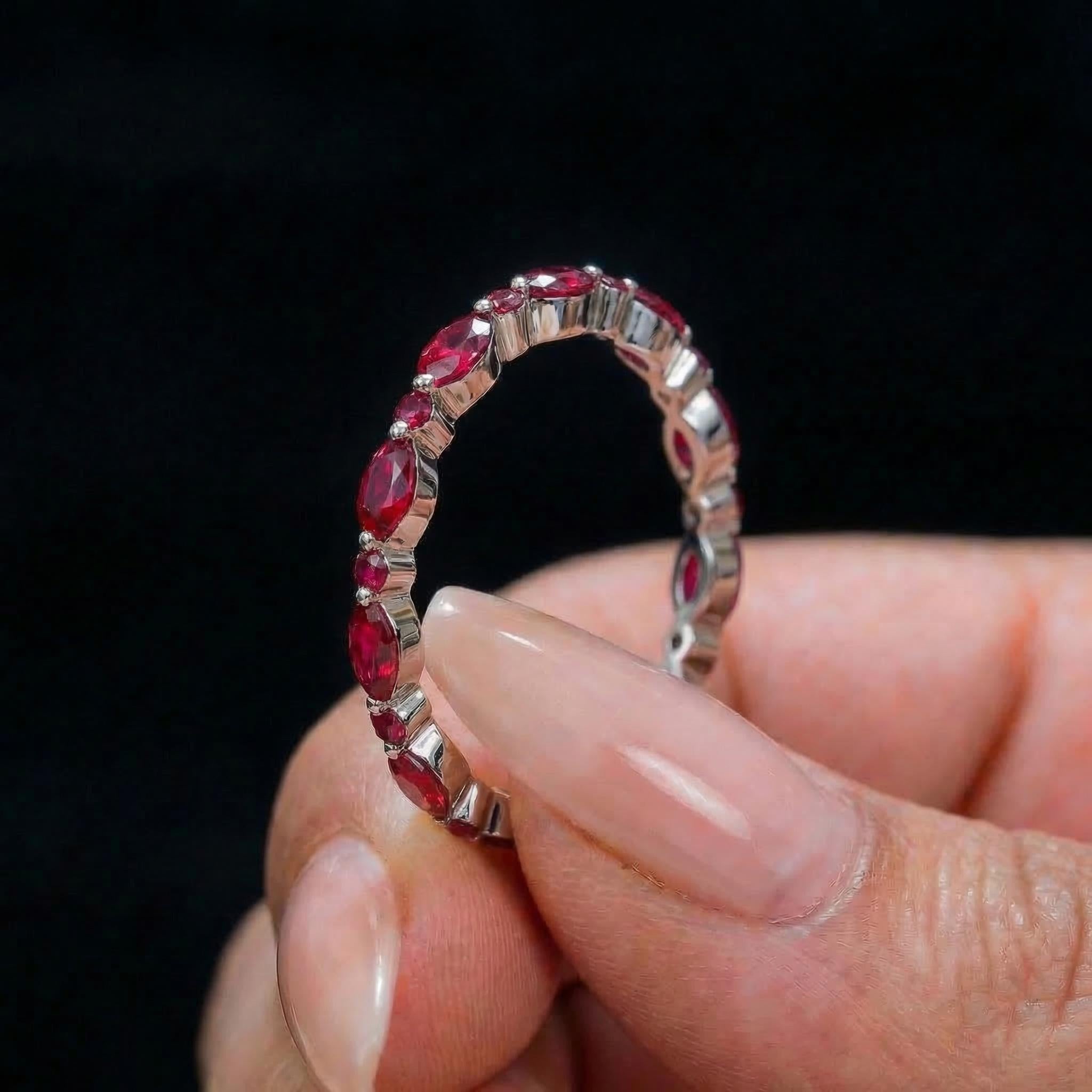 Delicate Ruby Gold Stacking Ring | Marquise & Round Natural Ruby Eternity Band | Dainty Gemstone Anniversary Gift for Her | July Birthstone
