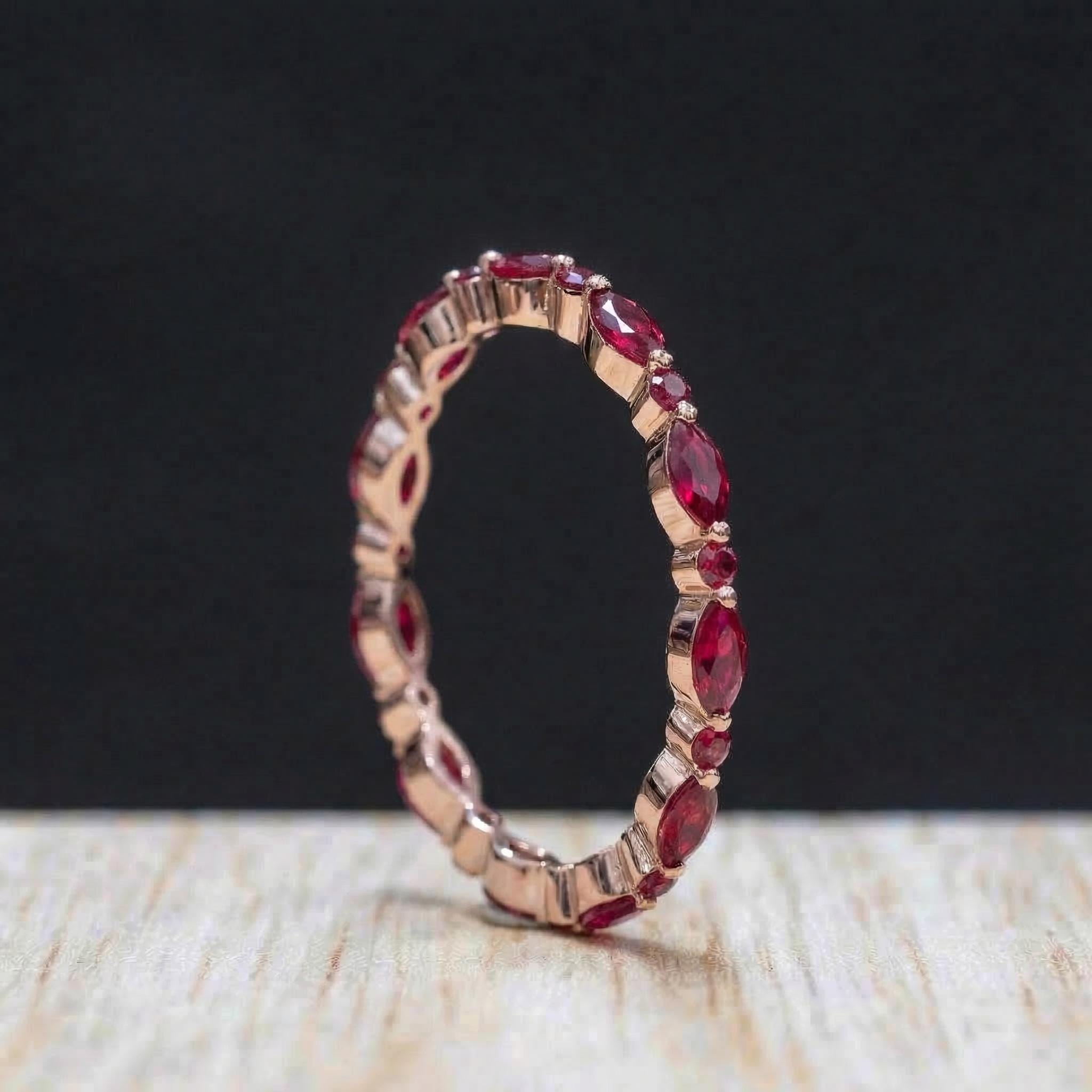Delicate Ruby Gold Stacking Ring | Marquise & Round Natural Ruby Eternity Band | Dainty Gemstone Anniversary Gift for Her | July Birthstone