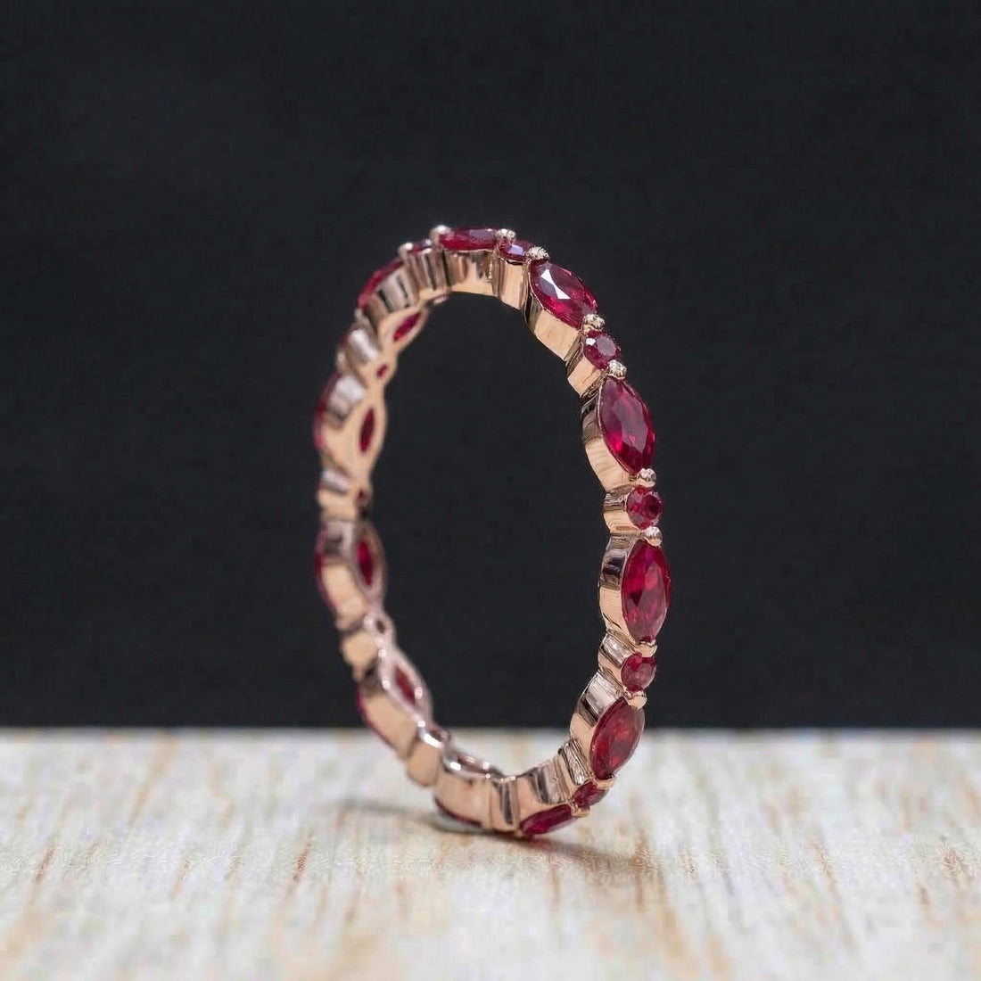 Delicate Ruby Gold Stacking Ring | Marquise & Round Natural Ruby Eternity Band | Dainty Gemstone Anniversary Gift for Her | July Birthstone