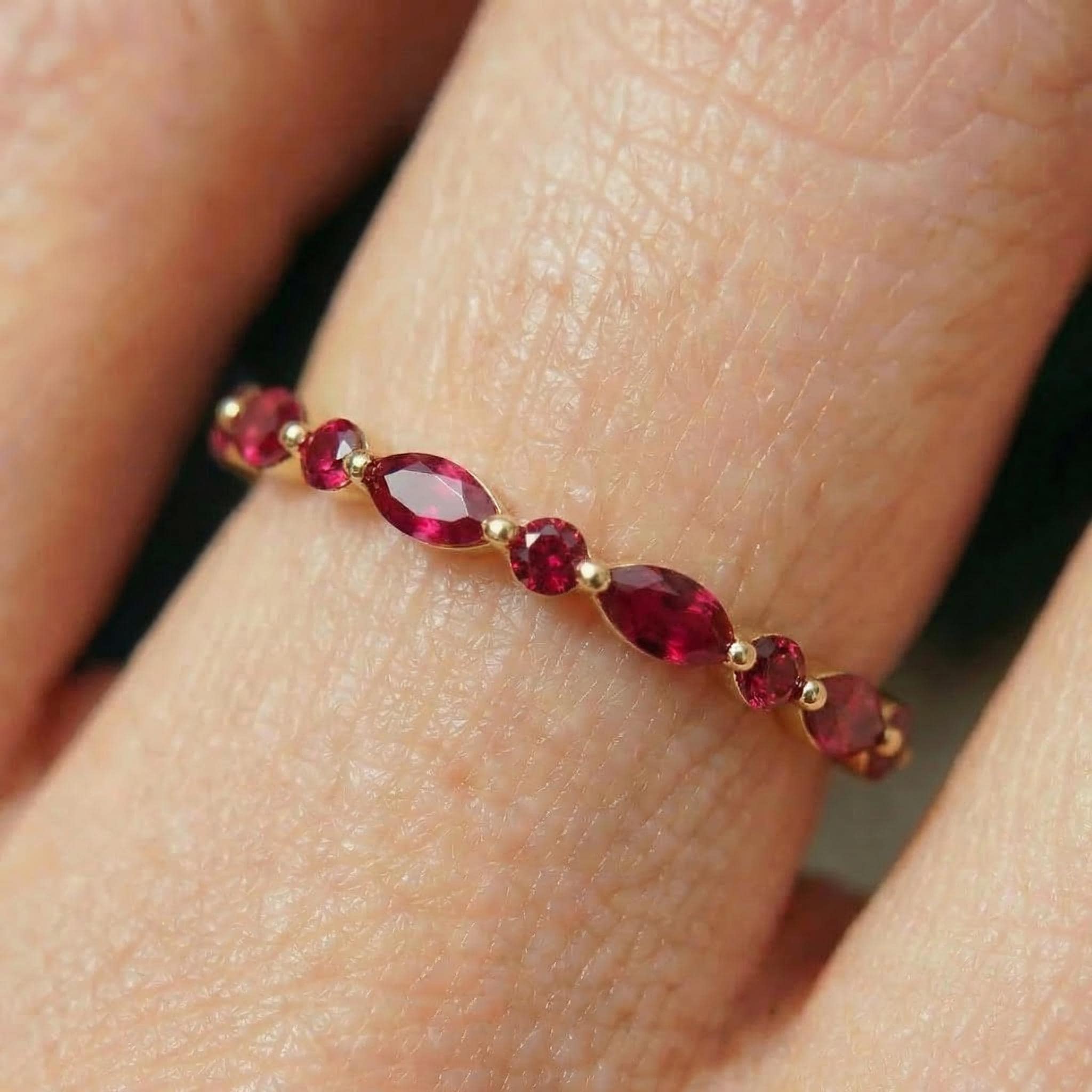Delicate Ruby Gold Stacking Ring | Marquise & Round Natural Ruby Eternity Band | Dainty Gemstone Anniversary Gift for Her | July Birthstone