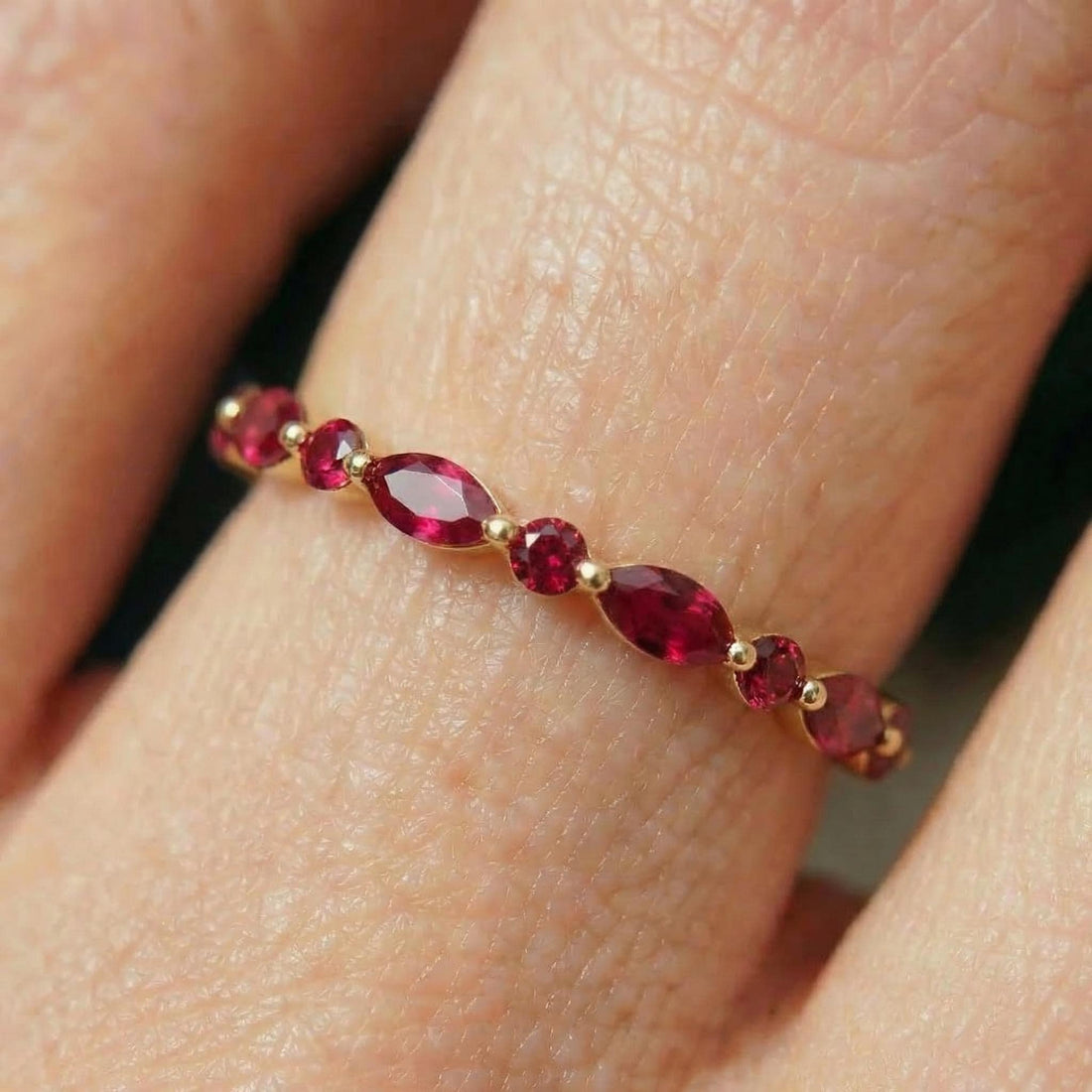 Delicate Ruby Gold Stacking Ring | Marquise & Round Natural Ruby Eternity Band | Dainty Gemstone Anniversary Gift for Her | July Birthstone