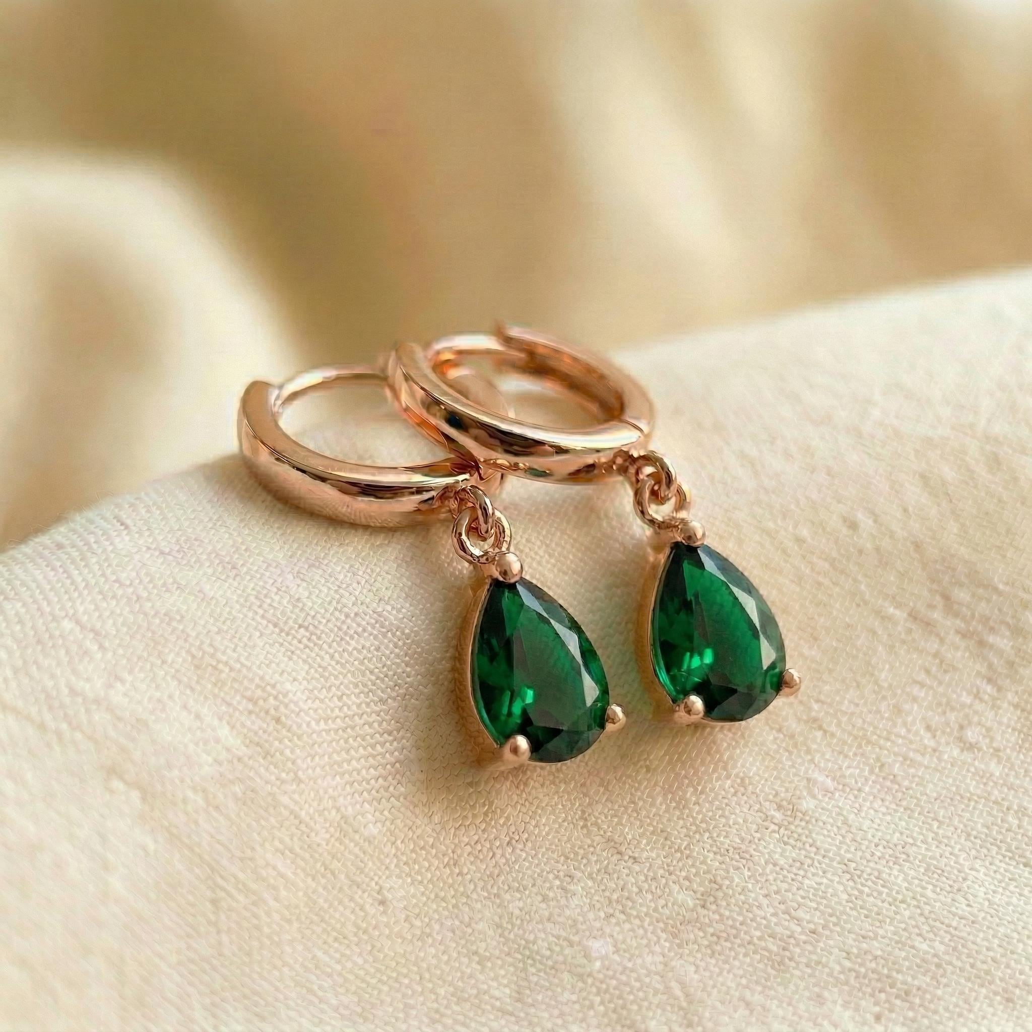 Emerald Green Teardrop Dangle Hoop Earrings | Sterling Silver | Minimalist Elegant Gemstone Drop Earrings | Gift for Her