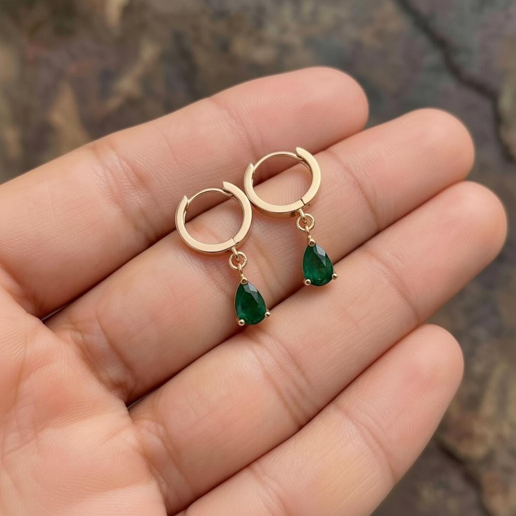 Emerald Green Teardrop Dangle Hoop Earrings | Sterling Silver | Minimalist Elegant Gemstone Drop Earrings | Gift for Her