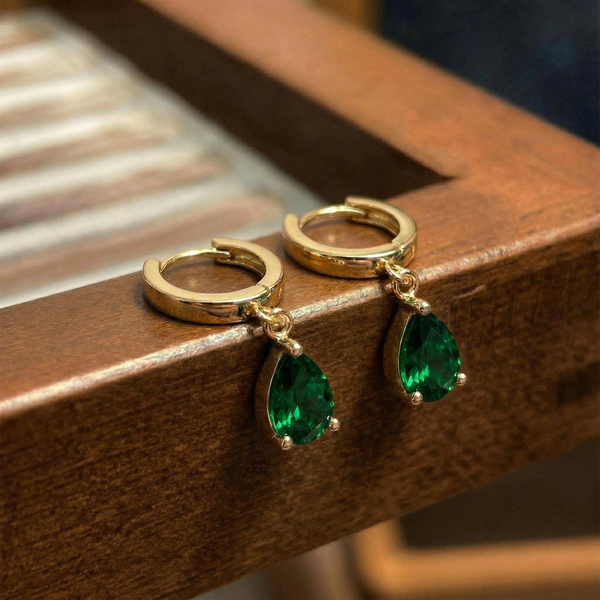 Emerald Green Teardrop Dangle Hoop Earrings | Sterling Silver | Minimalist Elegant Gemstone Drop Earrings | Gift for Her