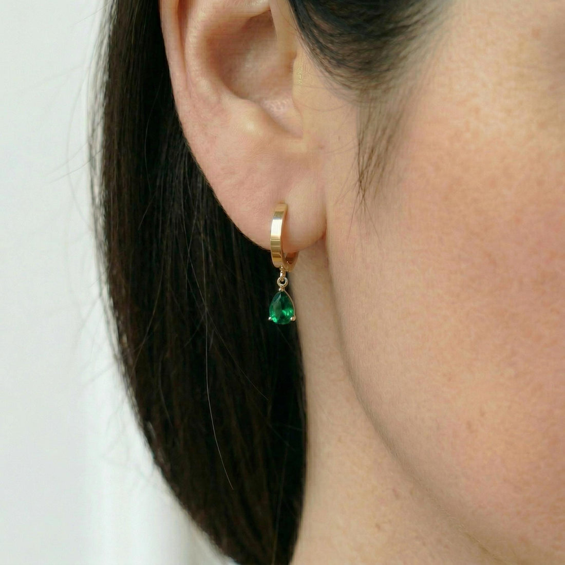 Emerald Green Teardrop Dangle Hoop Earrings | Sterling Silver | Minimalist Elegant Gemstone Drop Earrings | Gift for Her