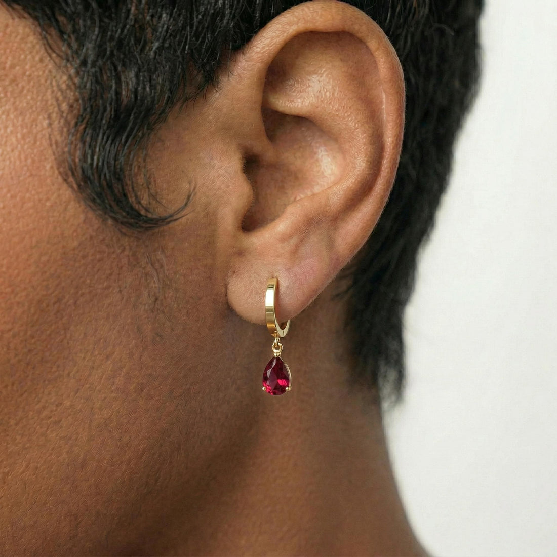 Delicate Gold Hoop Earrings with Ruby Red Teardrop Dangle | Minimalist Huggie Hoops | Elegant Gemstone Drop Earrings | Gift for Her