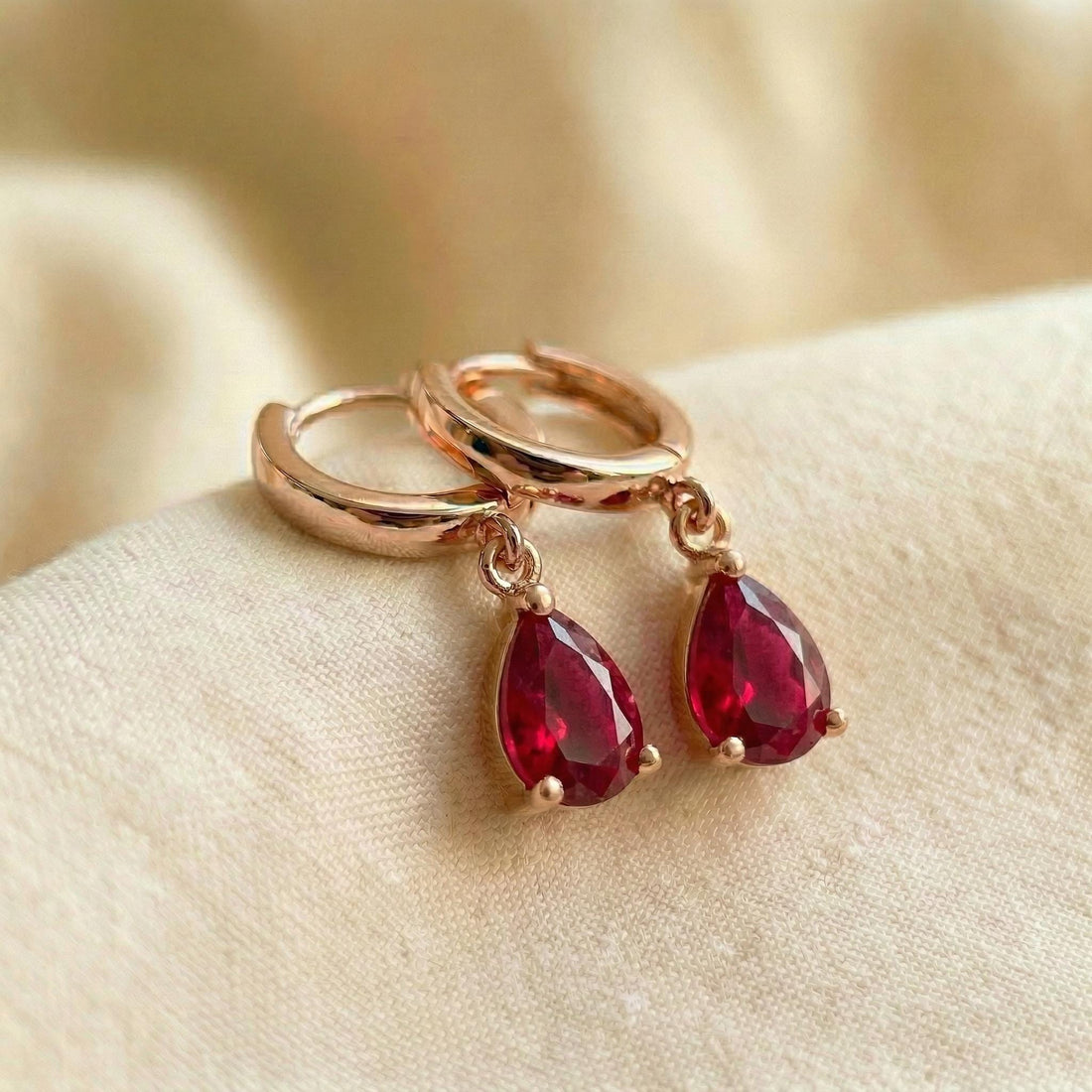 Delicate Gold Hoop Earrings with Ruby Red Teardrop Dangle | Minimalist Huggie Hoops | Elegant Gemstone Drop Earrings | Gift for Her