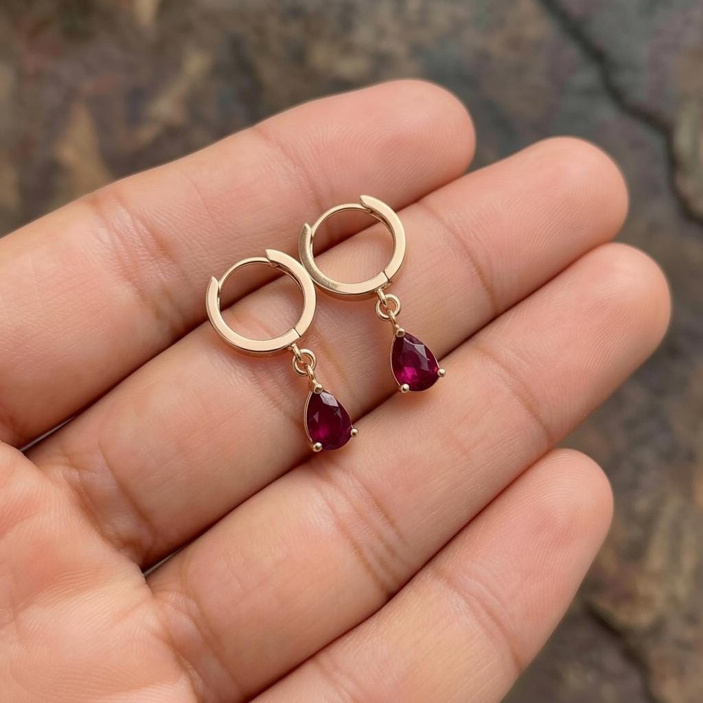 Delicate Gold Hoop Earrings with Ruby Red Teardrop Dangle | Minimalist Huggie Hoops | Elegant Gemstone Drop Earrings | Gift for Her
