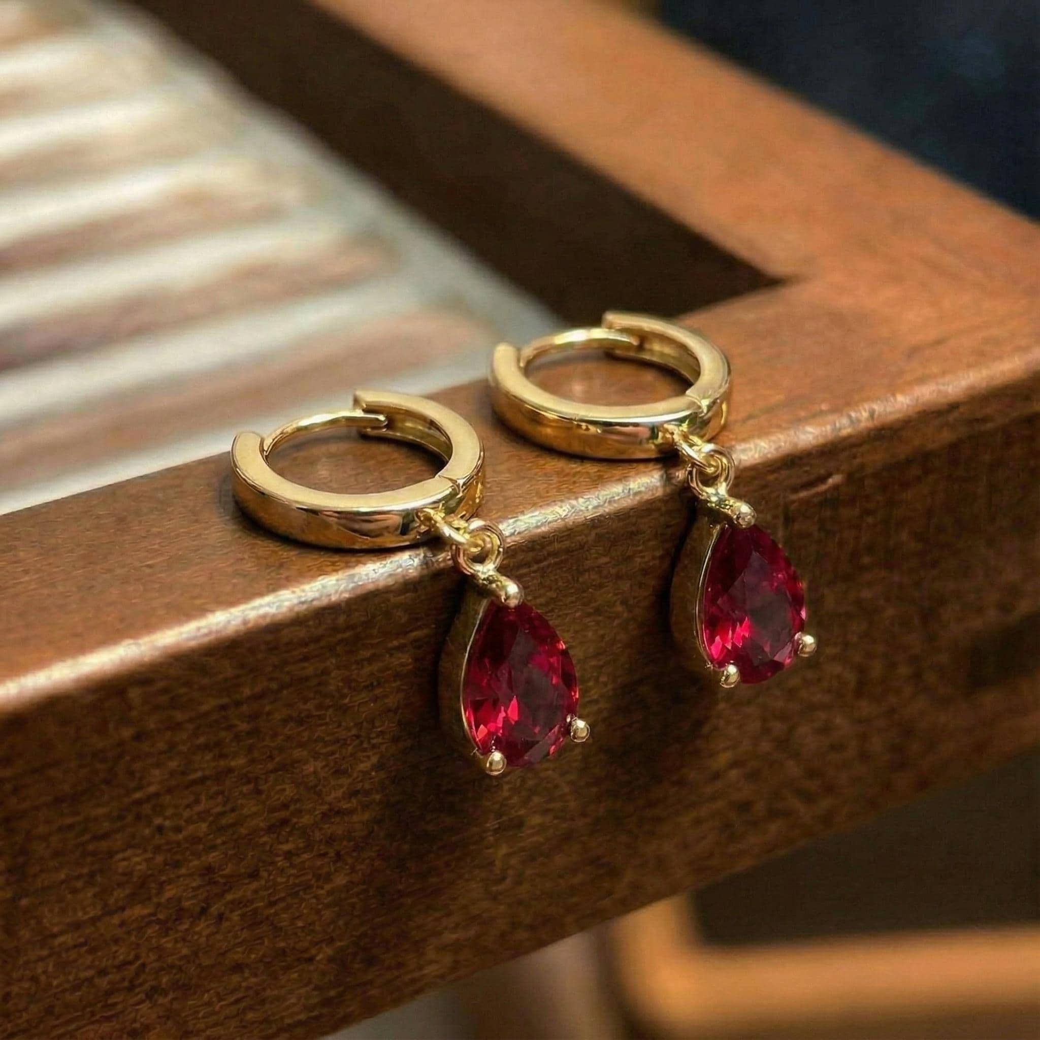 Delicate Gold Hoop Earrings with Ruby Red Teardrop Dangle | Minimalist Huggie Hoops | Elegant Gemstone Drop Earrings | Gift for Her