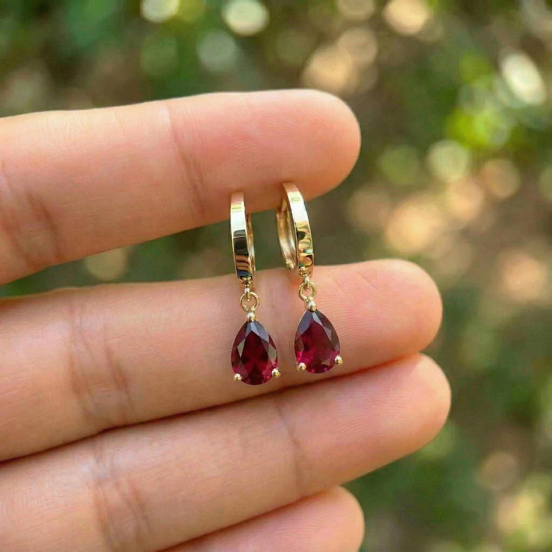 Delicate Gold Hoop Earrings with Ruby Red Teardrop Dangle | Minimalist Huggie Hoops | Elegant Gemstone Drop Earrings | Gift for Her