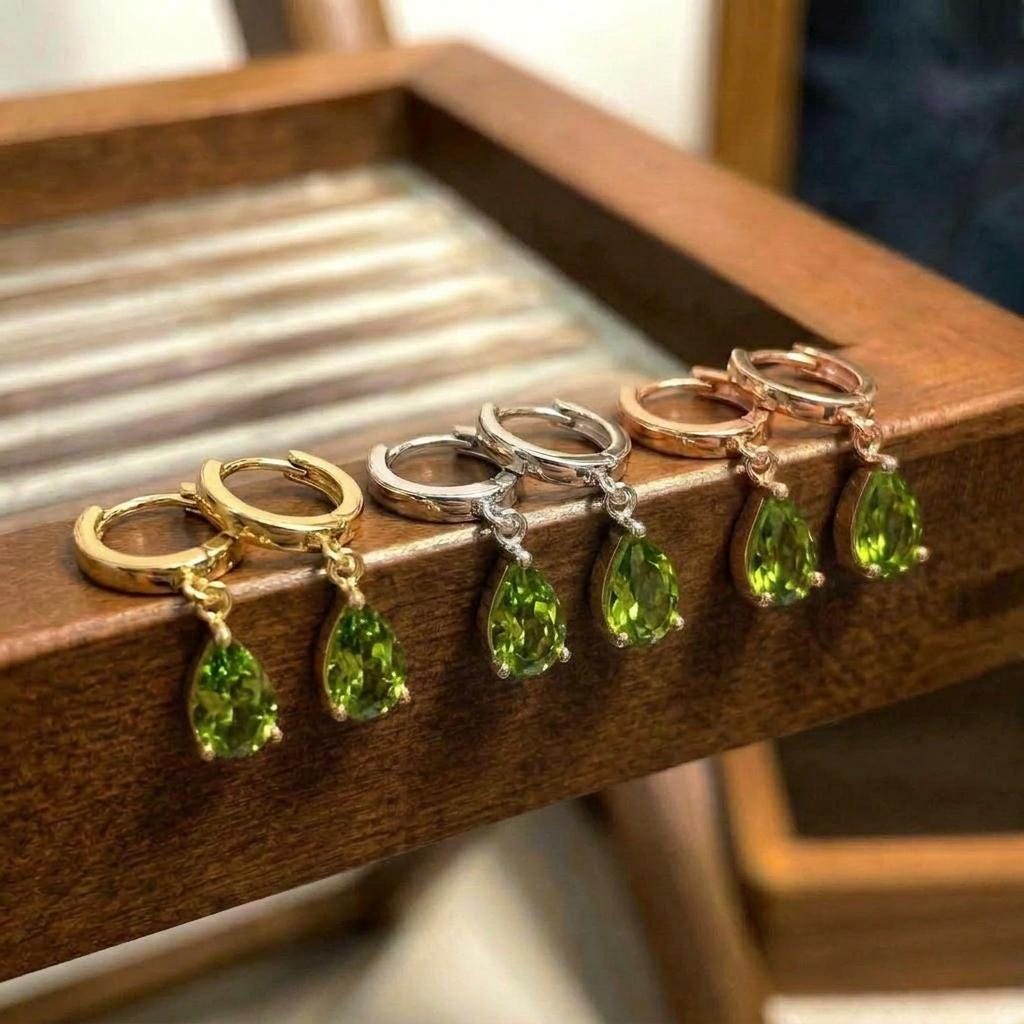 Dainty Rose Gold Peridot Huggie Hoops | August Birthstone Pear Drop Earrings | Elegant Dangle Gemstone Jewelry Gift for Her